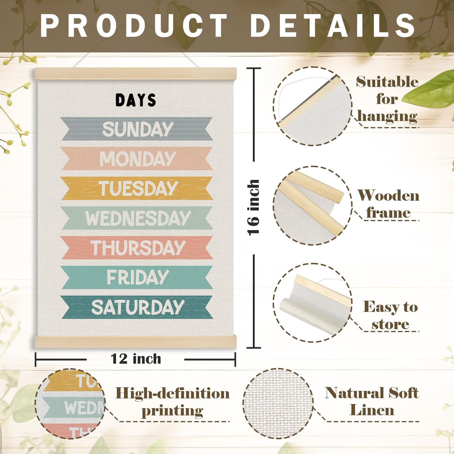 MOTERMATE Days of The Week Wall Art Poster for Kids, Boho Toddler Room Decor, Learning Educational Canvas Poster Hanger Frame for Toddlers Classroom, Kids Playroom Wall Hanging Banner Decor, 12x16Inch