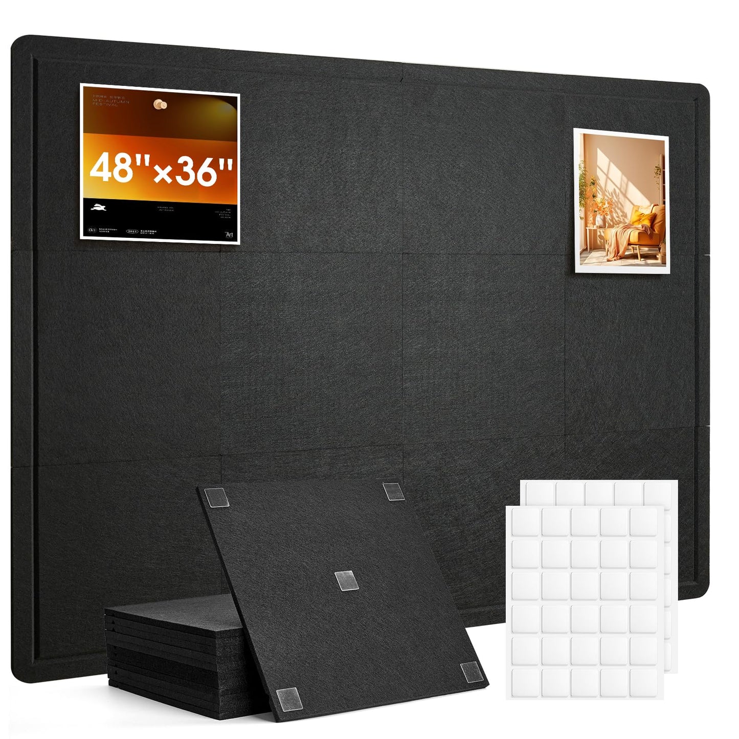 Woovio Bulletin Board, 48 x 36 inches Cork Board Alternative, 12 Pack 12"X12"X0.4" Felt Pin Boards for Walls Home Office Decor, Classroom with 60 Adhesive Tabs Black