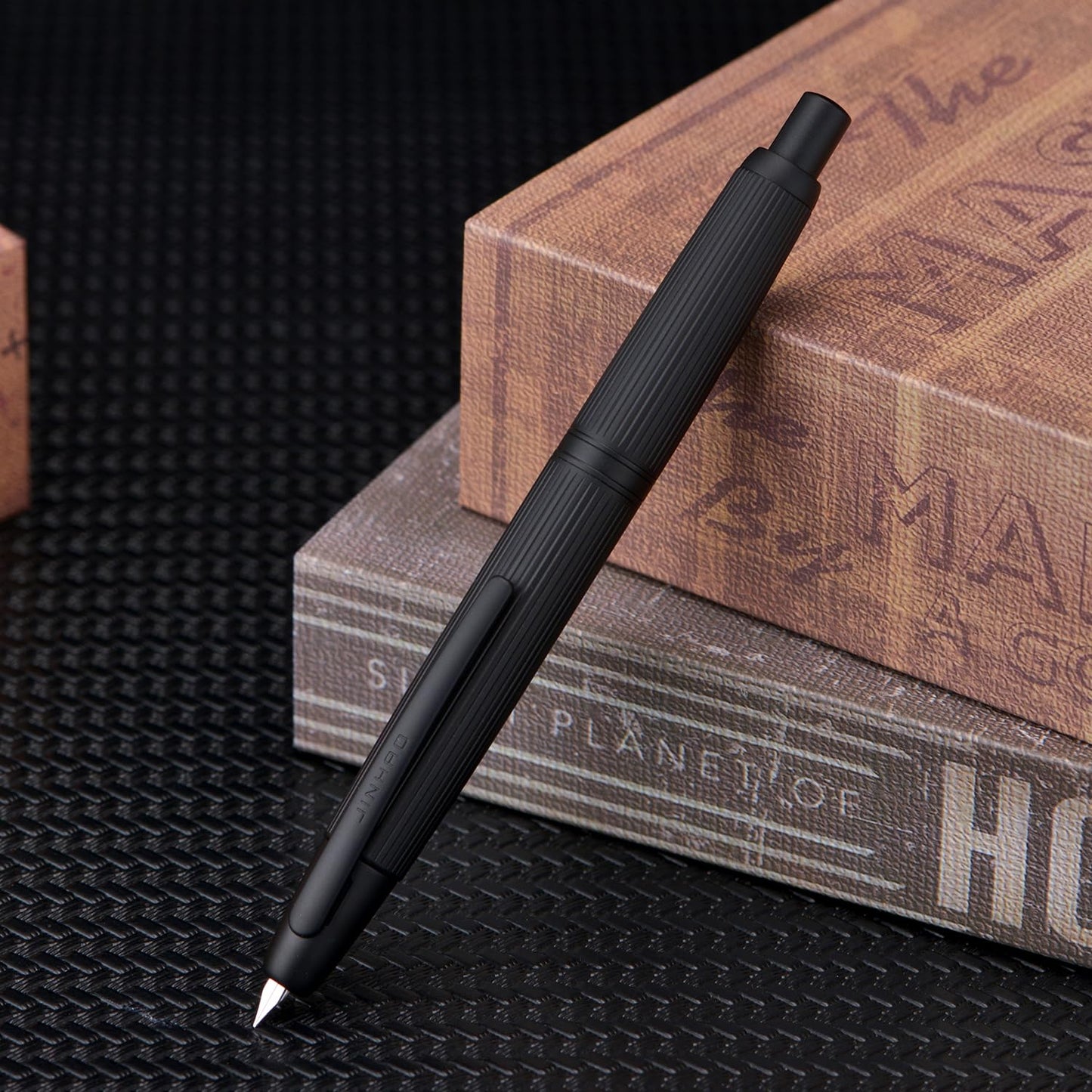 Jinhao 10 Press Fountain Pen with Box, Matt Black Chromium Retractable Extra Fine Nib with Ink Converter Set (Clip Version)