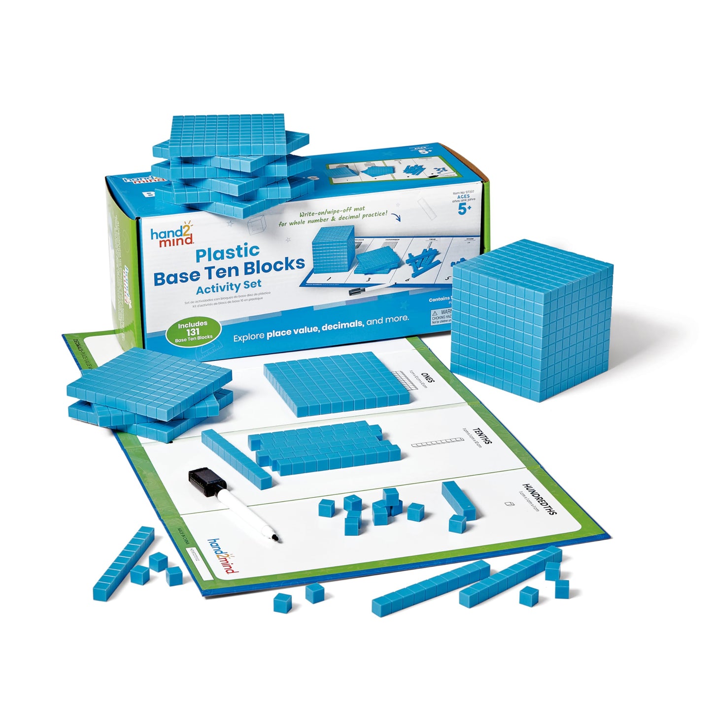 hand2mind Plastic Base Ten Blocks Activity Set, Place Value Manipulatives, Base 10 Blocks for Math, Counting Cubes, Math Manipulatives 1st Grade, Small Group Classroom Must Haves (133 Pieces)