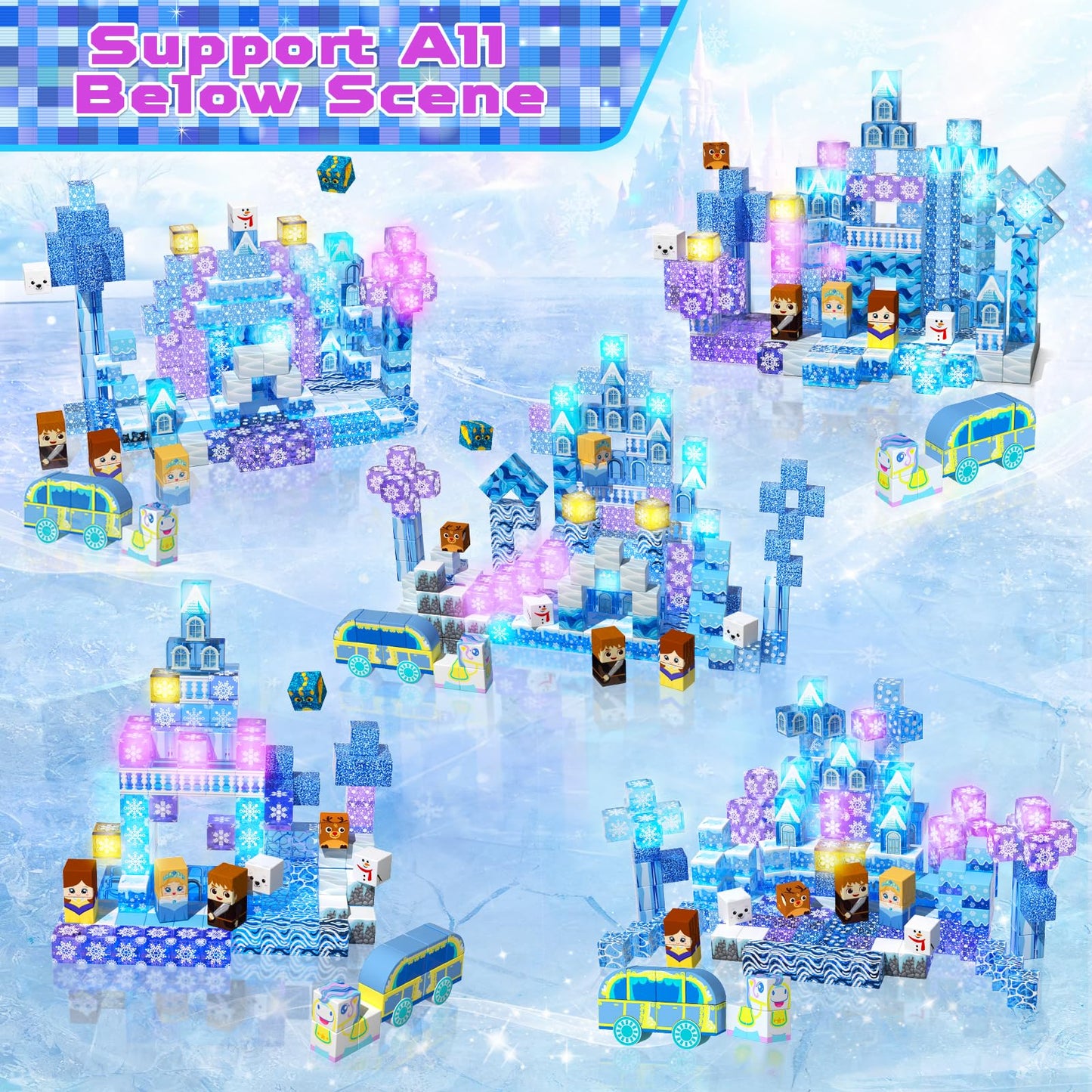 200 PCS Magnetic Blocks with Light Up Blocks - Transparent Magnetic Building Block for Kids Age 3+, Magnet Cubes Blue Castle, Magnets Toys Easter Birthday Gift for Boys Girls 4 5 6 7 8 9 10 11 12+