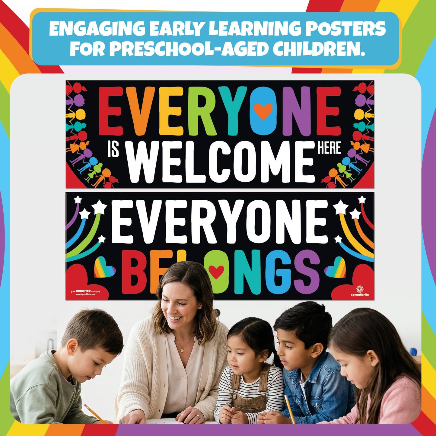 Sproutbrite 2 Pack 13.5” x 39” Welcome Posters for Classroom – Educational Charts & Posters Wall Decor for Pre, Elementary and Middle School Teacher Decorations for Classroom - Promotes Inclusivity and a Sense of Belonging