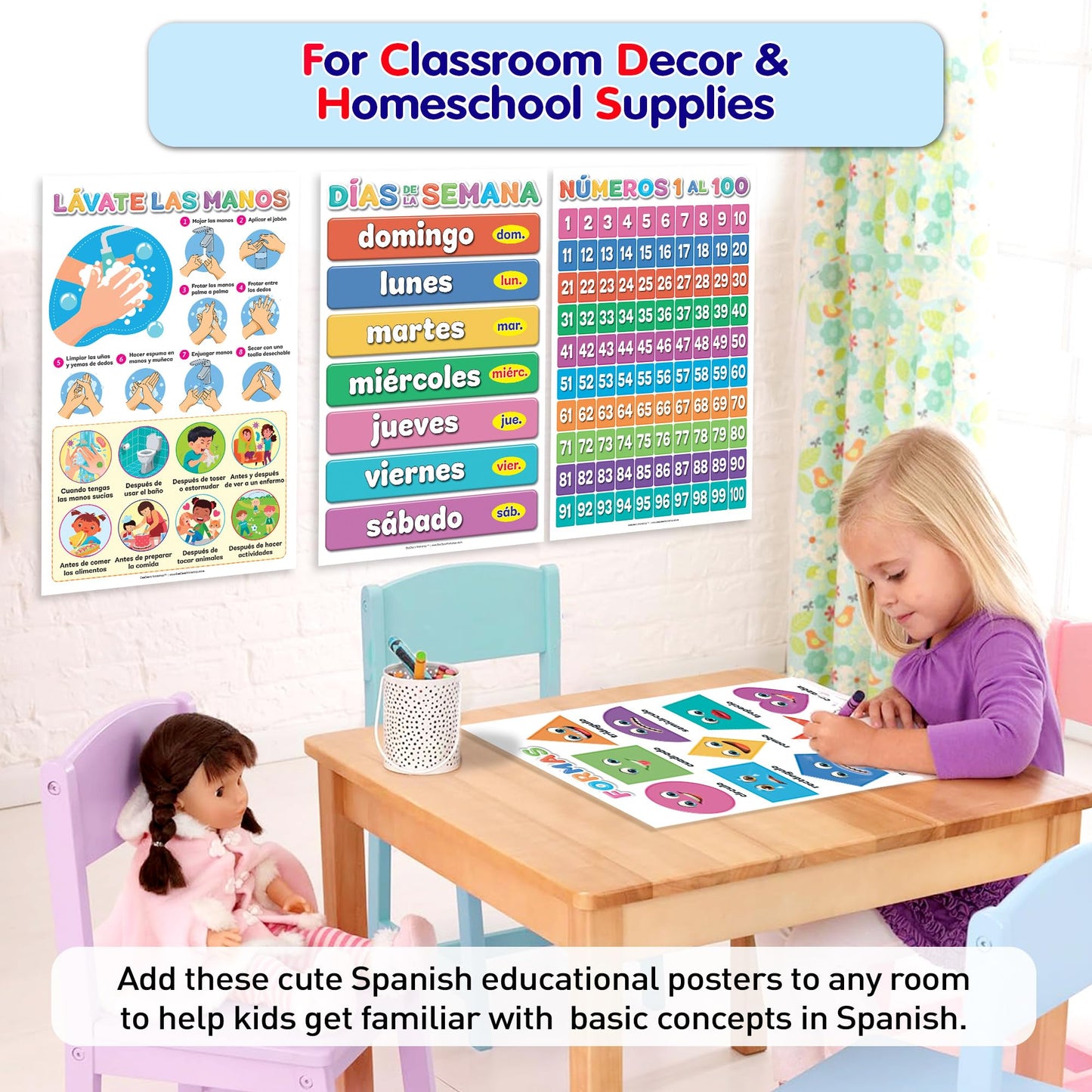 DeeDee's Workshop 16 Spanish Classroom Posters - Spanish Learning for Kids, Abecedario para Niños en Español, Days of the Week & Calendar