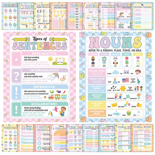 Humyoun 20 Pcs Parts of Speech Poster for Elementary Classroom Grammar Poster Educational English Class Must Have for Elementary Middle School Classroom Decor, 14x11 Inch(Colorful,Checkboard)