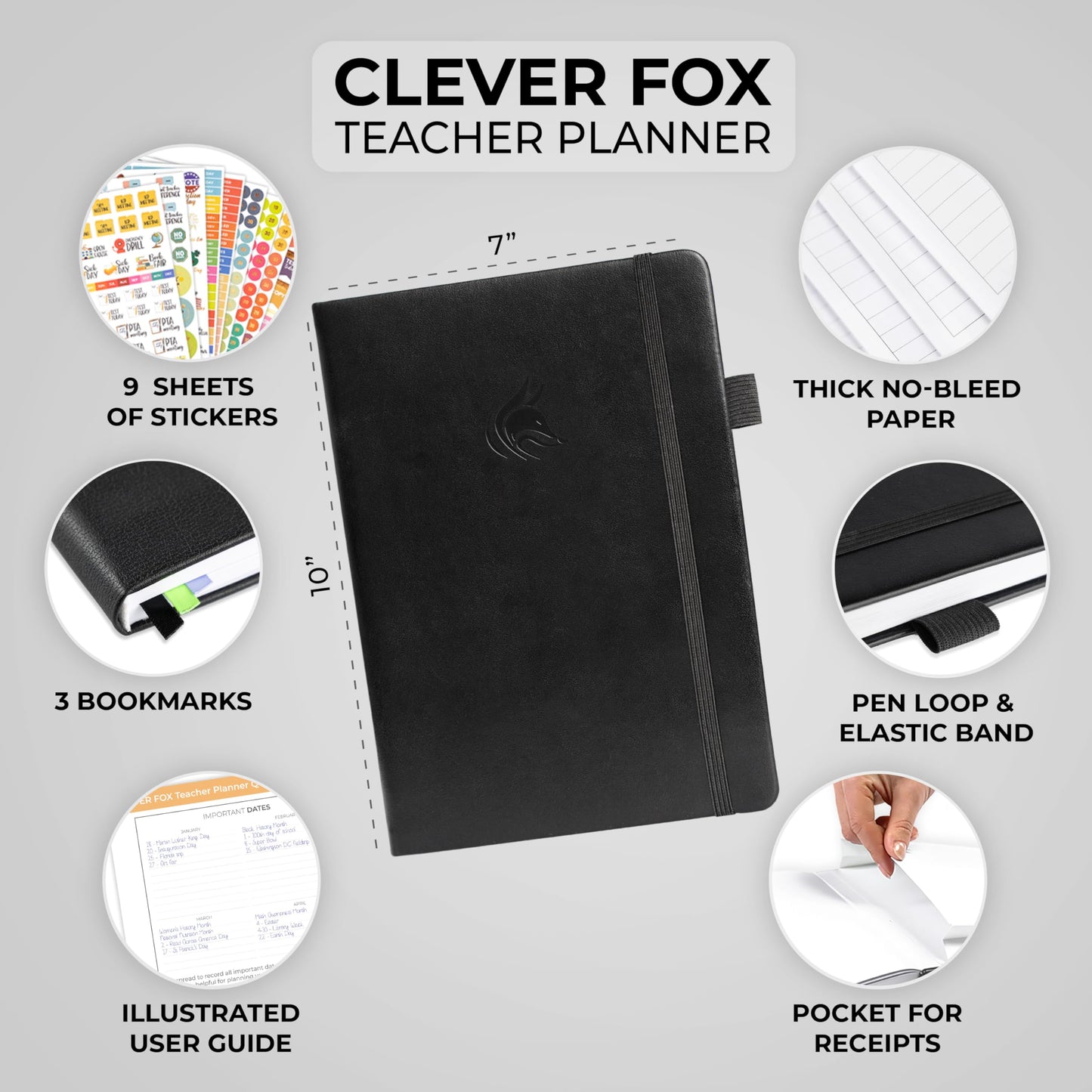 Clever Fox Teacher Planner – School Year Planner with Calendars & Lesson Plans – Teacher Plan Book for Classroom & Homeschool Organization - Undated, 7x10″, Hardcover (Black)