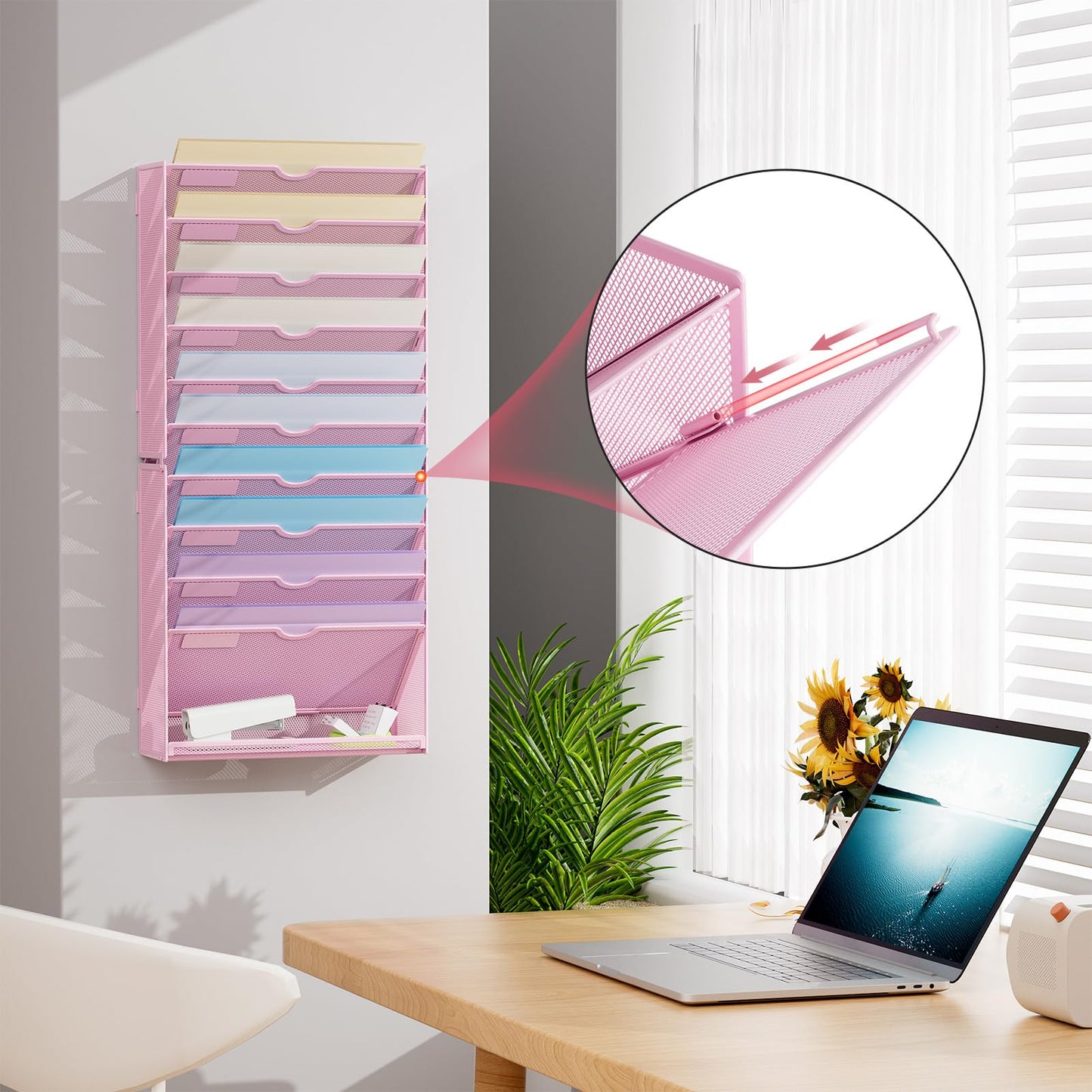 Marbrasse Wall File Holder 11-Tier Hanging Wall File Organizer, for Papers, Files Clipboard & Magazine Organizer, Wall Mount File Holder Great for Office Home (Pink)