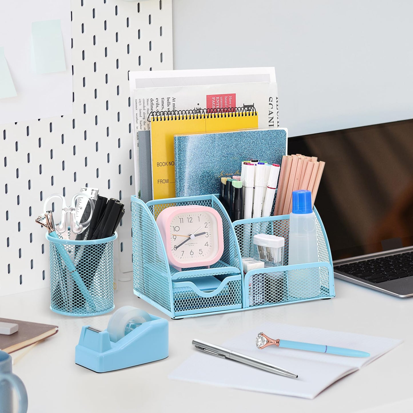 13-in-1 Office Desk Organizer Set with Stapler and Tape Dispenser, Pen Holder, Scissors, Ruler, Hole Punch, 2 Pens & More Desktop Accessories for Back to School Supplies (Blue)