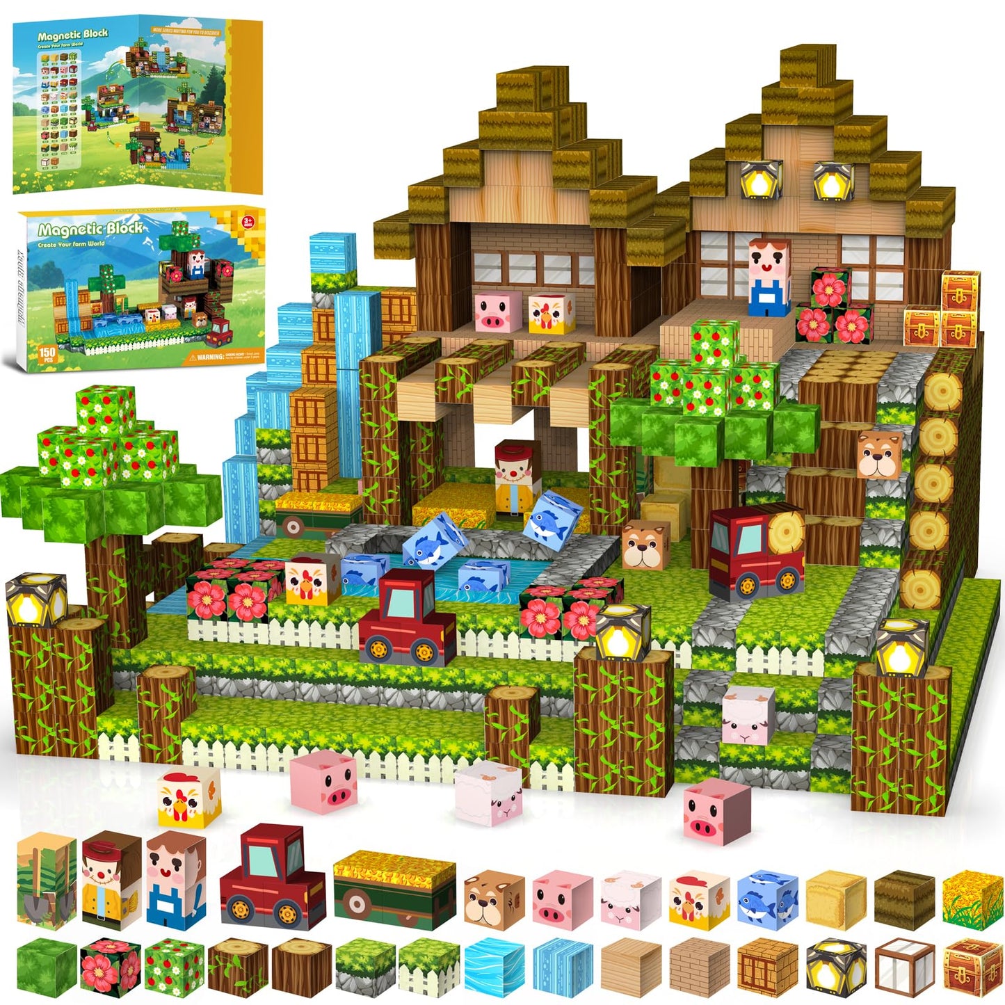Gryxpox 150pcs Magnetic Blocks,Magnetic Building Blocks STEM Toys for Kids Ages 3+,Magnet Tiles with Forest Animals Blocks Set, Educational Sensory Toys for Toddlers,Boys & Girls–Creative Game Gift