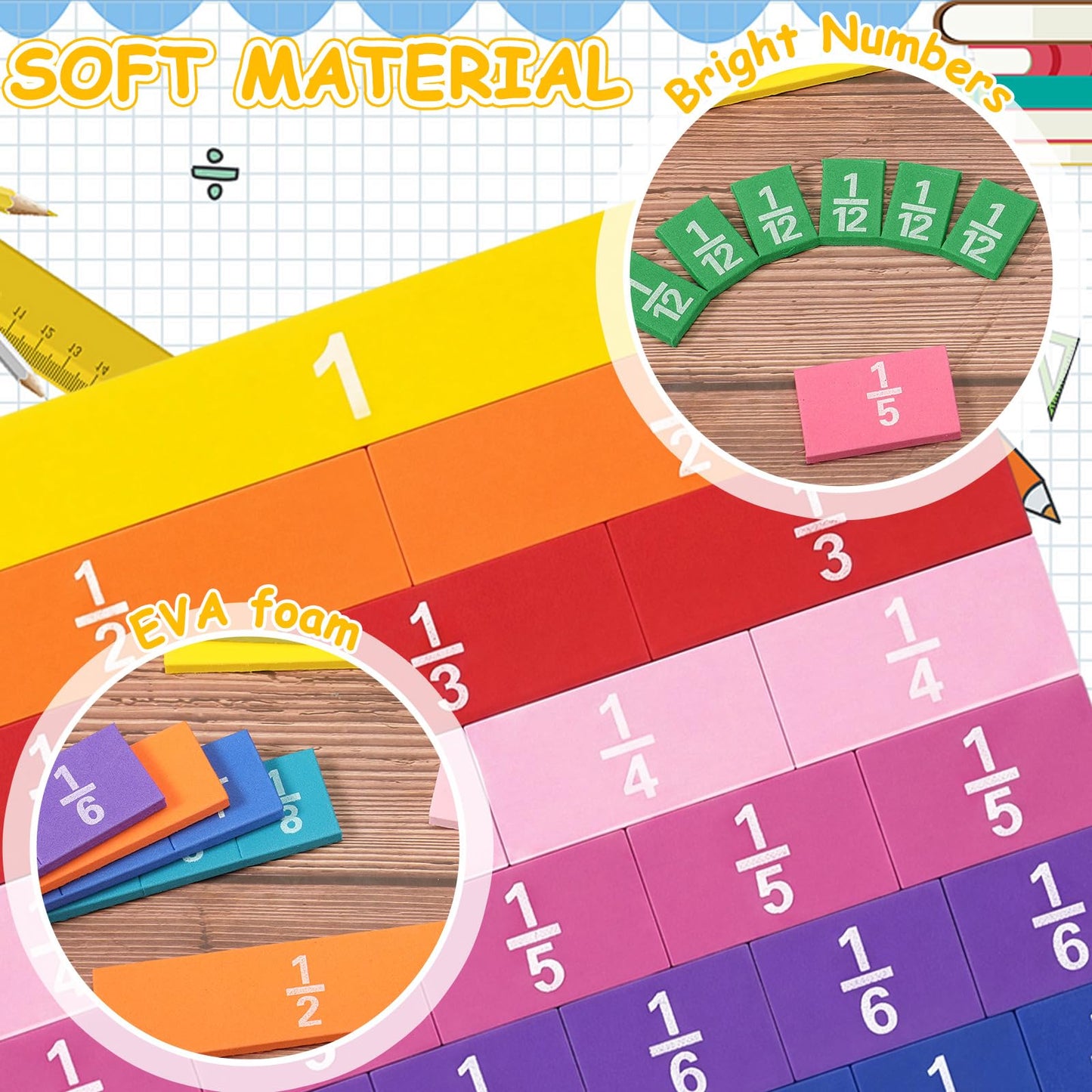 Sayglossy 36 Sets Fraction Tiles Set for Classroom Rainbow 11.8 x 8 in Fraction Strips Bars Math Manipulatives Montessori Math Materials for Home Learning School Educational (Muted Color)