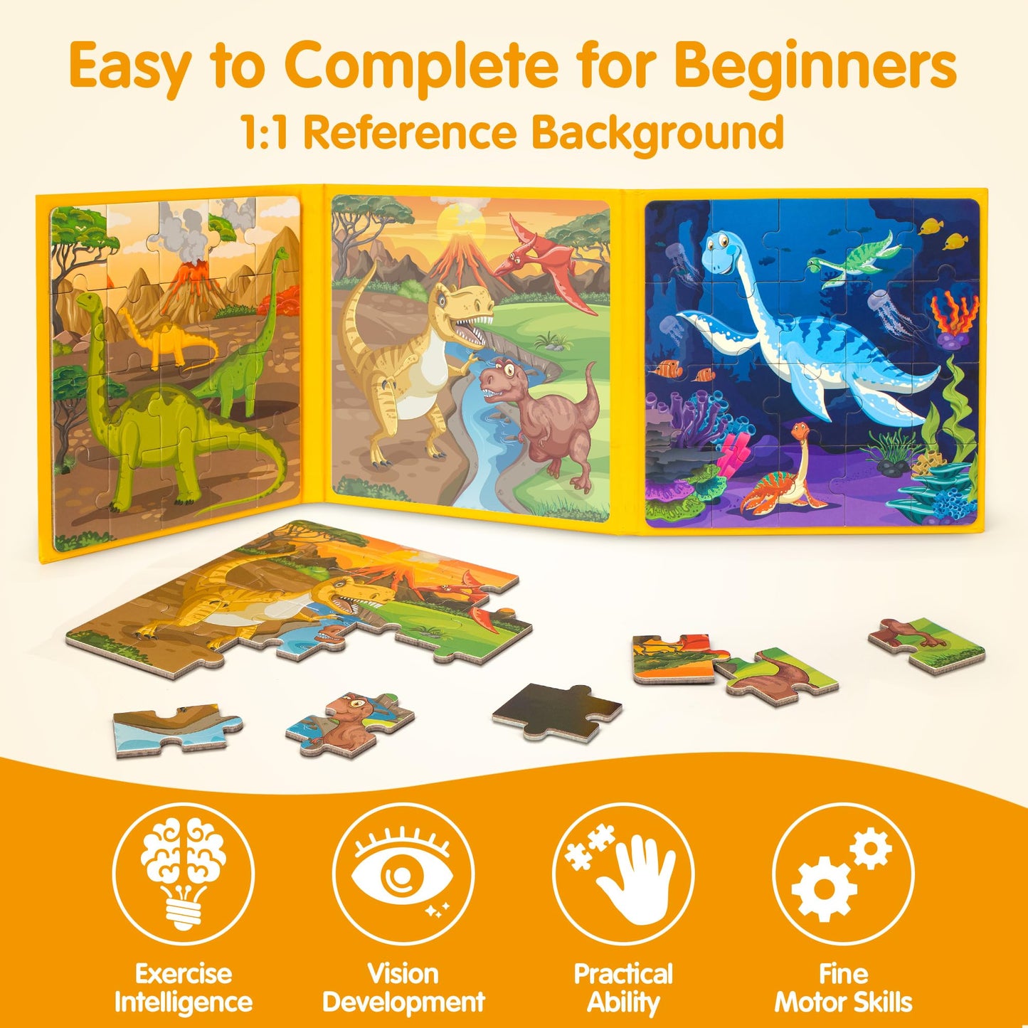 SYNARRY Magnetic Dinosaur Puzzles for Kids Ages 3-5, 20 Pieces Puzzles for Toddlers 4-6, Easter Basket Stuffers Gifts for Kids, Car Airplane Road Trip Activities Magnet Games Toy for Boys Girls