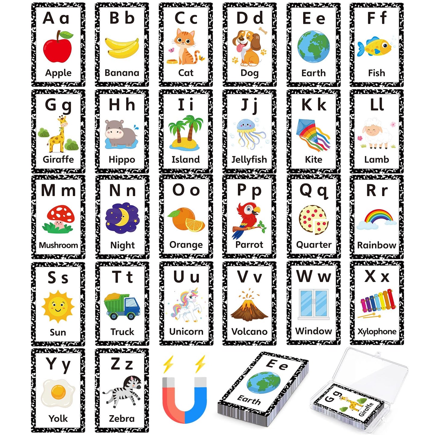Epakh 26 Pcs Magnetic Alphabet Flash Cards with Storage Box 26 A - Z Letters for Kids, Preschool, ESL, Montessori Learning, Educational Gift for Toddlers, Classroom(Classical)