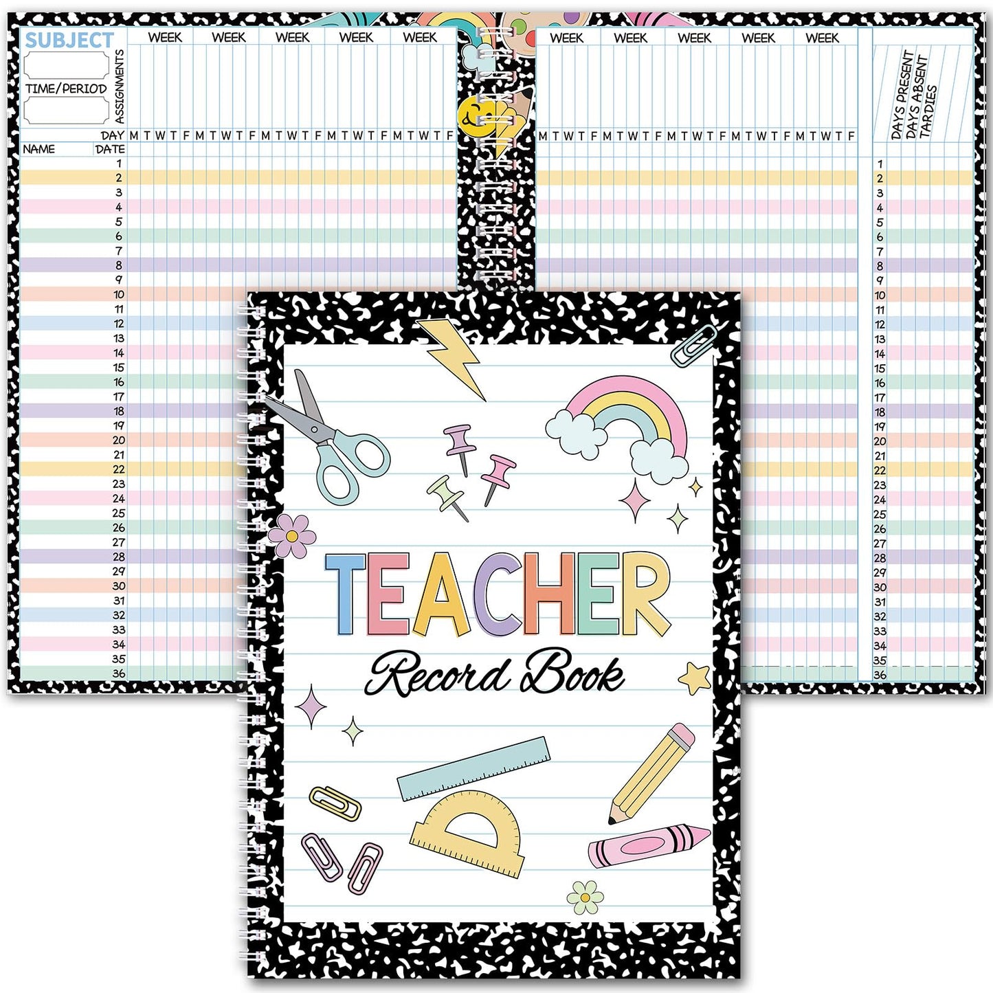 Fuyoooo Teacher Record Book 2026-2027 Teacher Grade Books Spiral Bound Record Planner 2026 Class Grade Book Office Favors for Classroom Attendance Planner Decoration Double Sided(Black, Composition)