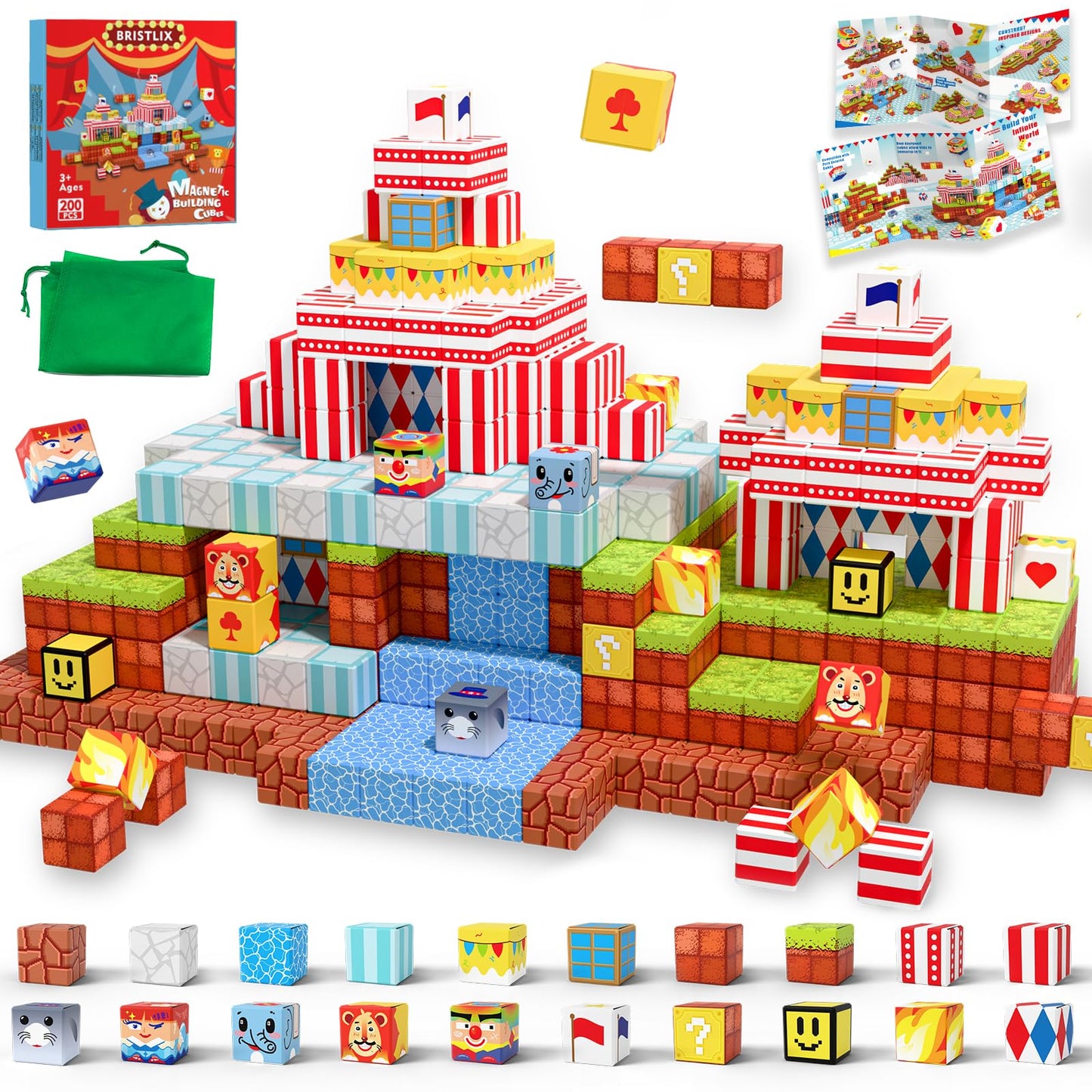 BRISTLIX 200PCS Magnetic Building Blocks with Storage Bag, 0.8in Joyful Circus STEM Magnet Cubes, Creative Construction Magnetic Blocks, Ideal Gift for Boys & Girls Age 3-12 Magnetic Cubes