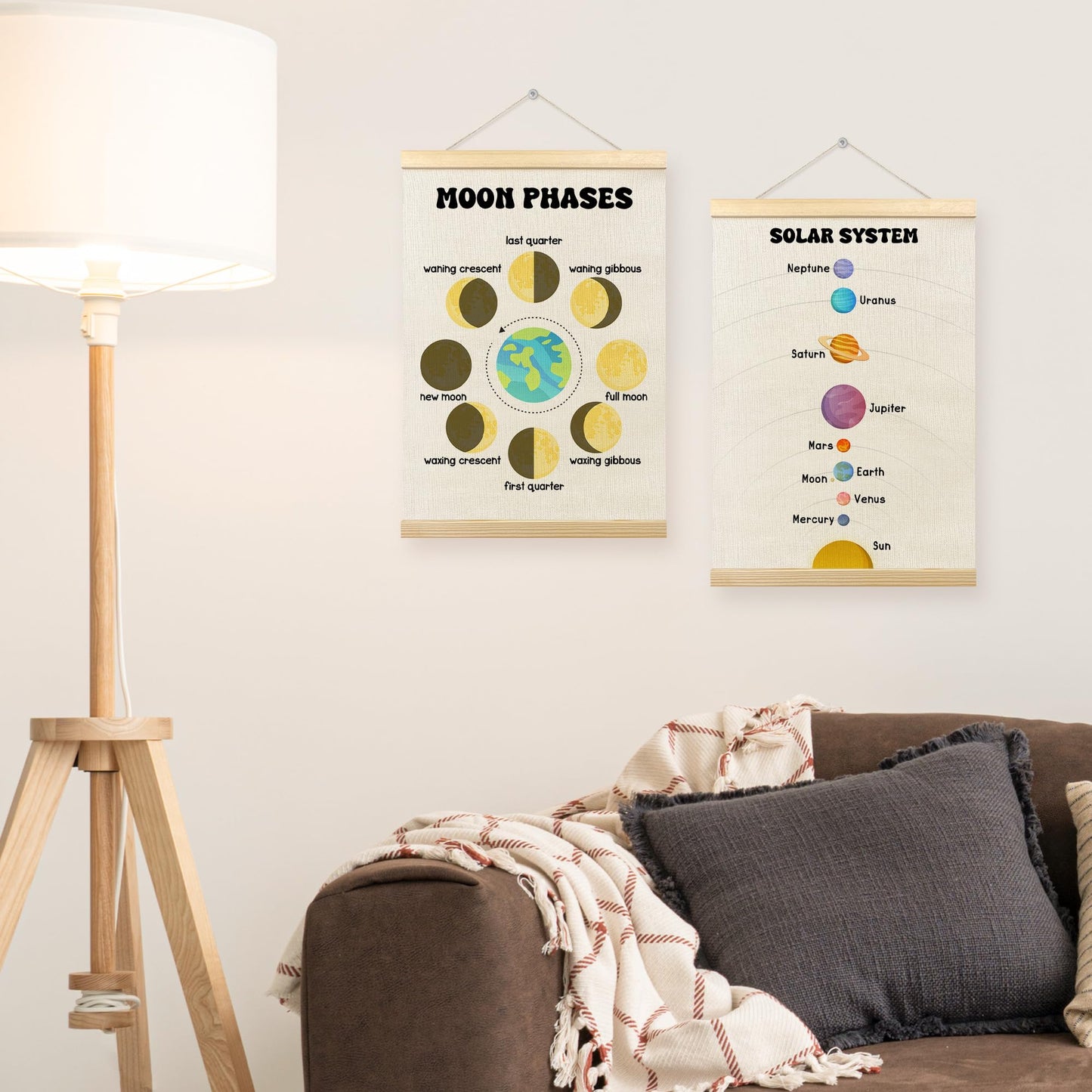 TLESKE Classroom Moon Phases Solar System Space Poster Hanger Frame Set of 2, Homeschool Hanging Wall Art Room Decor for Toddlers Kid Nursery Playroom, Preschool Prek Learning Educational Print, 12x16