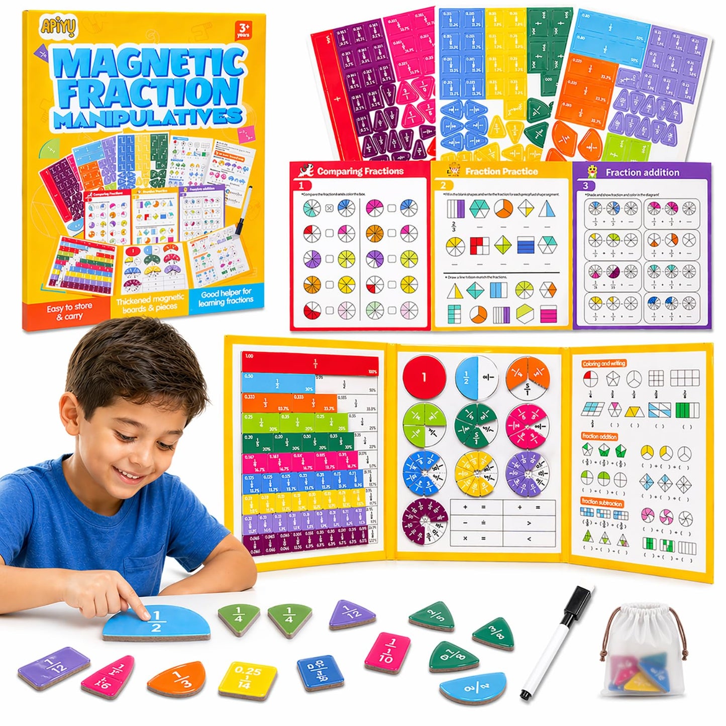 Magnetic Fraction Educational Puzzle, Magnetic Fraction Demonstration Book with Fraction Tiles & Circles, Montessori Fraction Manipulatives for Elementary School, Hands-On Math Learning Toys for Kids