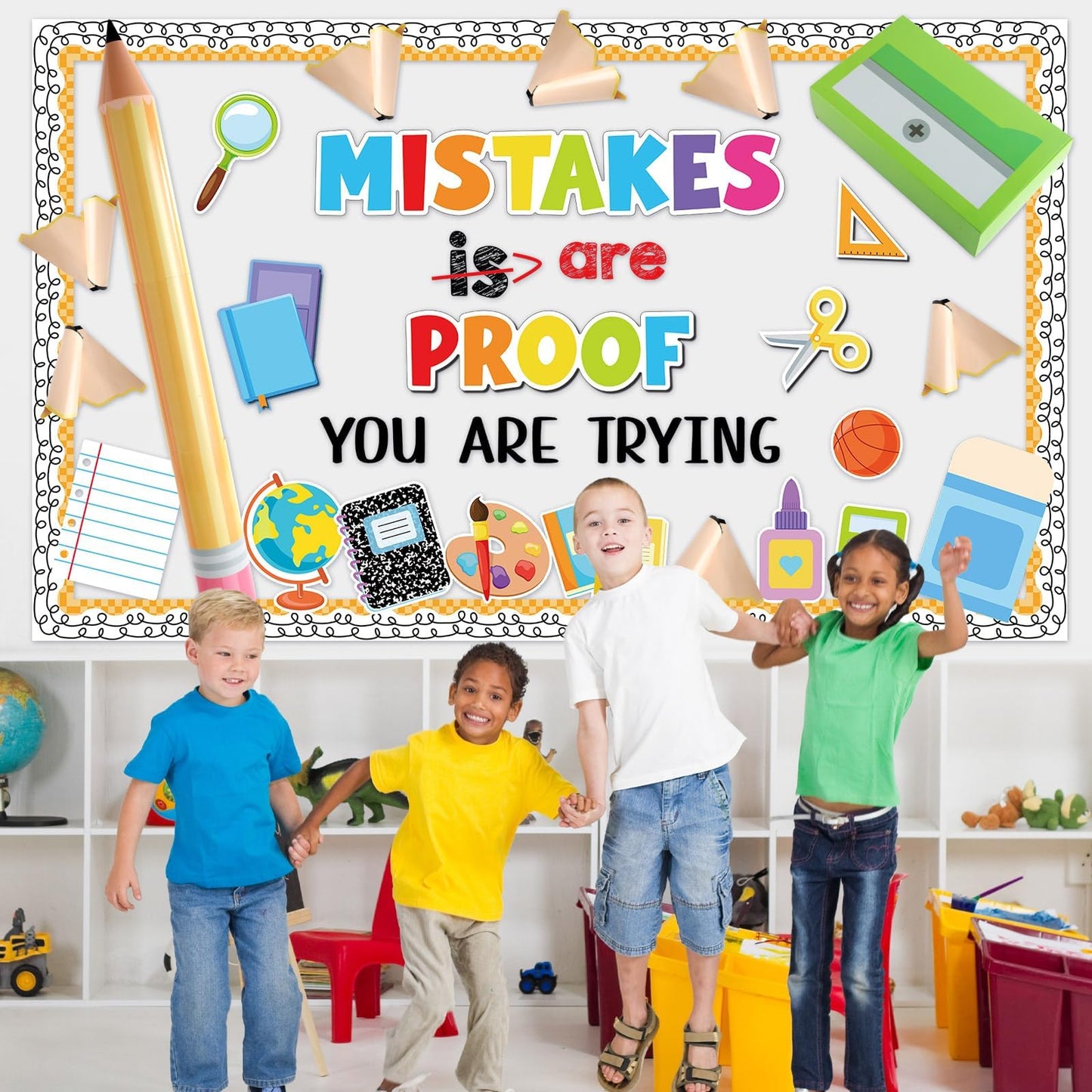 3D Back to School Bulletin Board Set Inspirational Classroom Decoration Educational Pencil Cutouts Mistakes are Proof You are Trying Bulletin Board for Teacher School Home Chalkboard Door Wall Decor