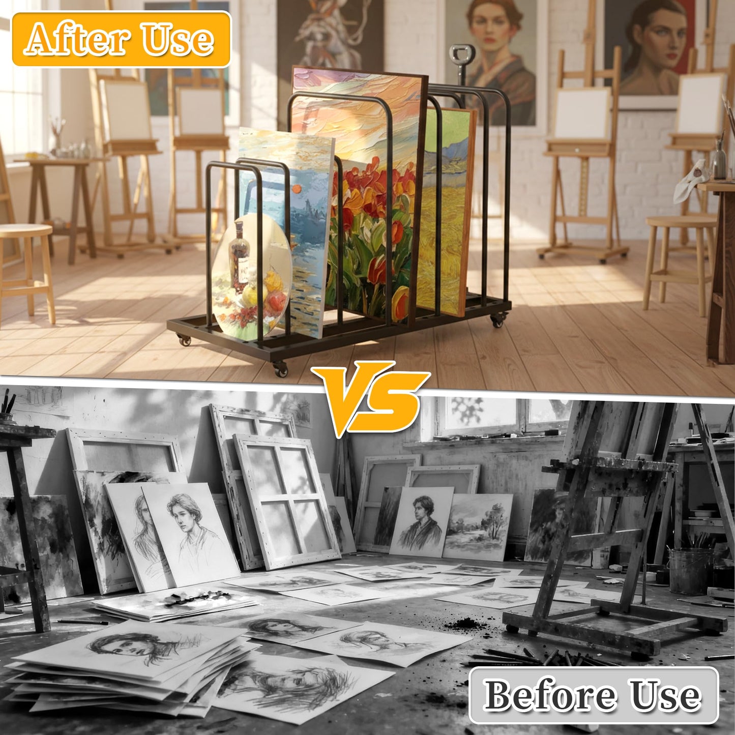 Tredre Art Storage Rack with Handle & Wheels, Adjustable Metal Art Drying Painting Rack, Large Canvas Storage Display Stand for Drawing Boards, Panel, Crafts, Art Studio, Classroom and Gallery