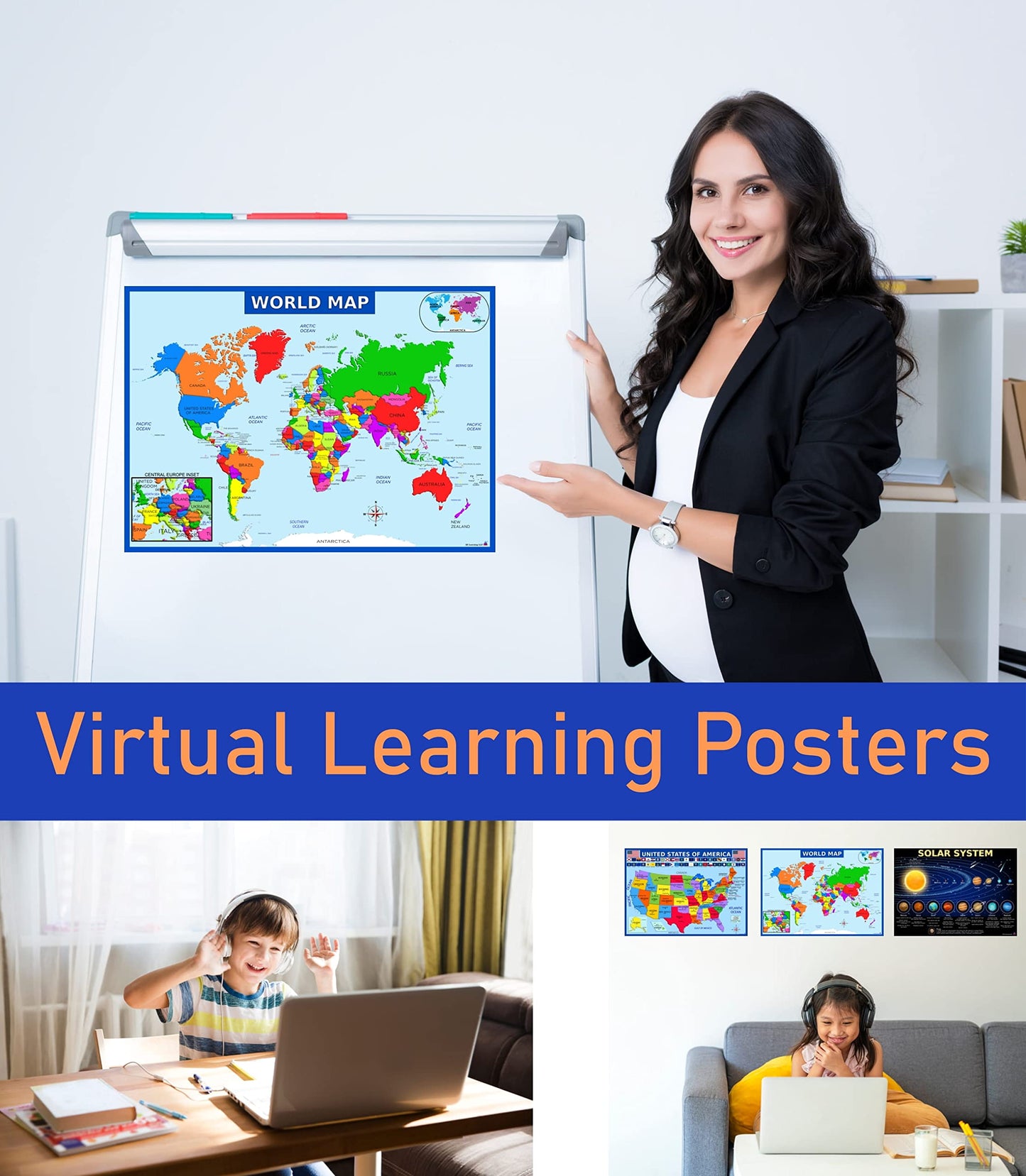 World Map, United States Map, and Solar System Poster with Extra Features – Laminated 14x19.5 in – Educational Posters, Classroom Decorations, Teachers Supplies, Virtual Learning for Kids, Homeschool Decor