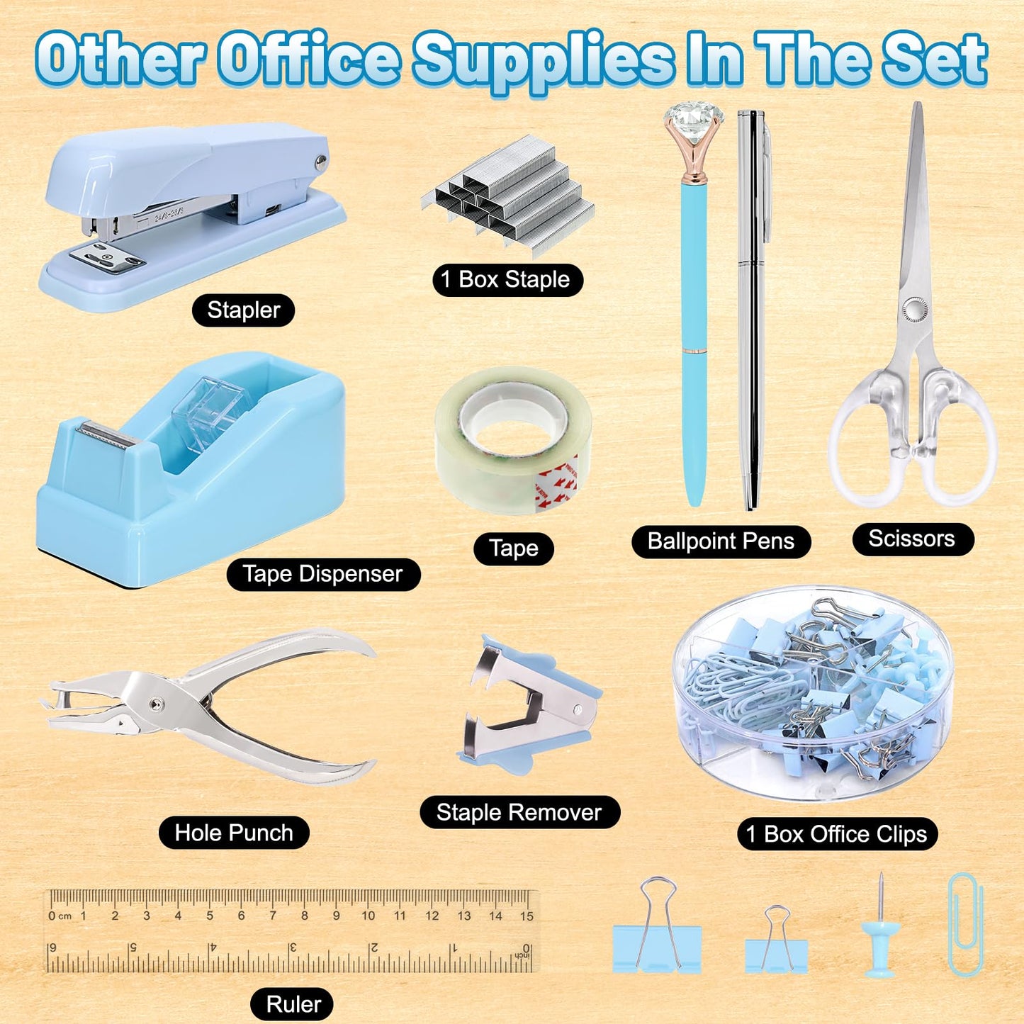 13-in-1 Office Desk Organizer Set with Stapler and Tape Dispenser, Pen Holder, Scissors, Ruler, Hole Punch, 2 Pens & More Desktop Accessories for Back to School Supplies (Blue)