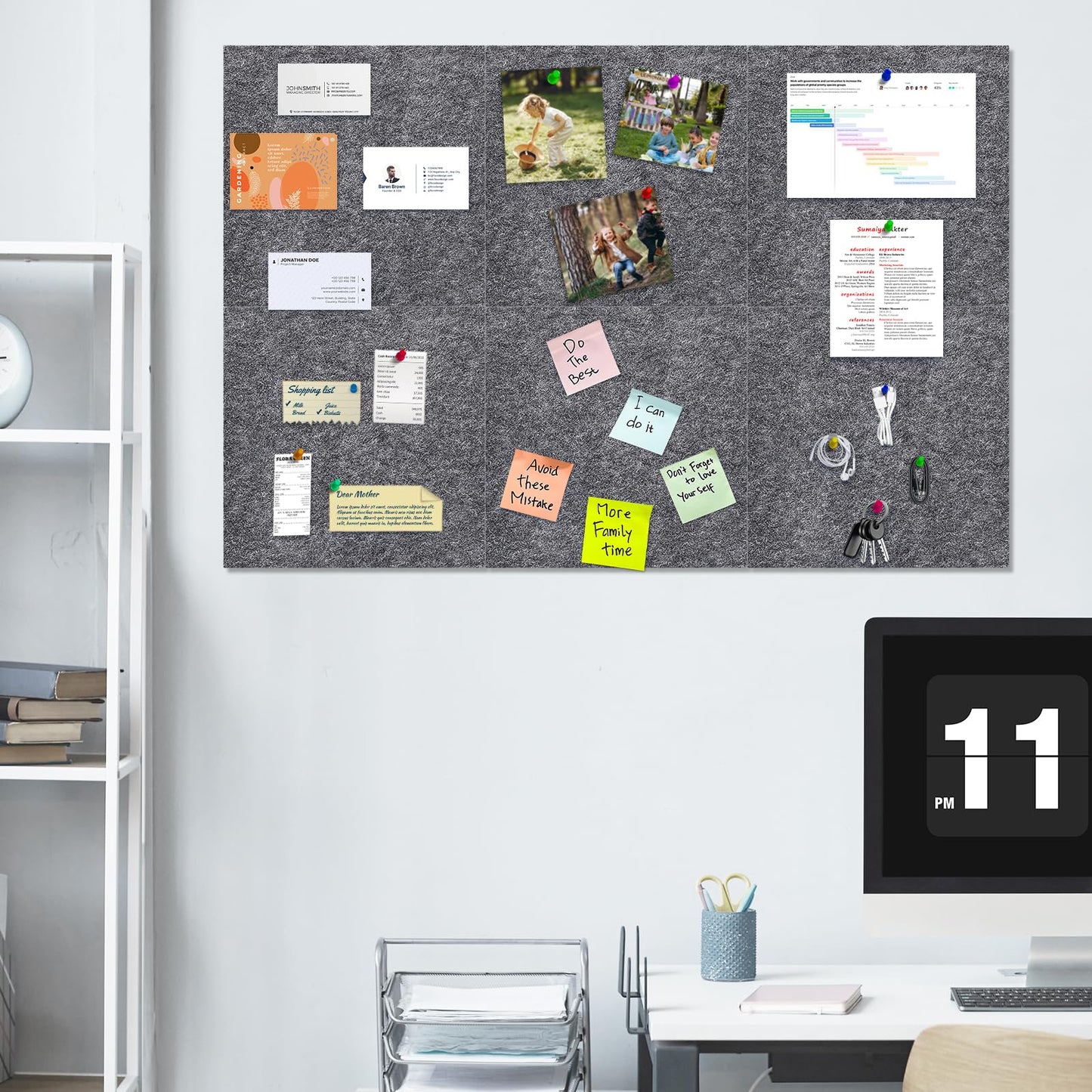 ANLIOTE 6 Pack Felt Bulletin Cork Board Tiles for Wall, 1/2" Thick Self Adhesive Pinboard Squares with 60 Pushpins, Felt Panels Wall Organizer for Photos, Pictures, Memos (11.8"x11.8"- Dark Grey)