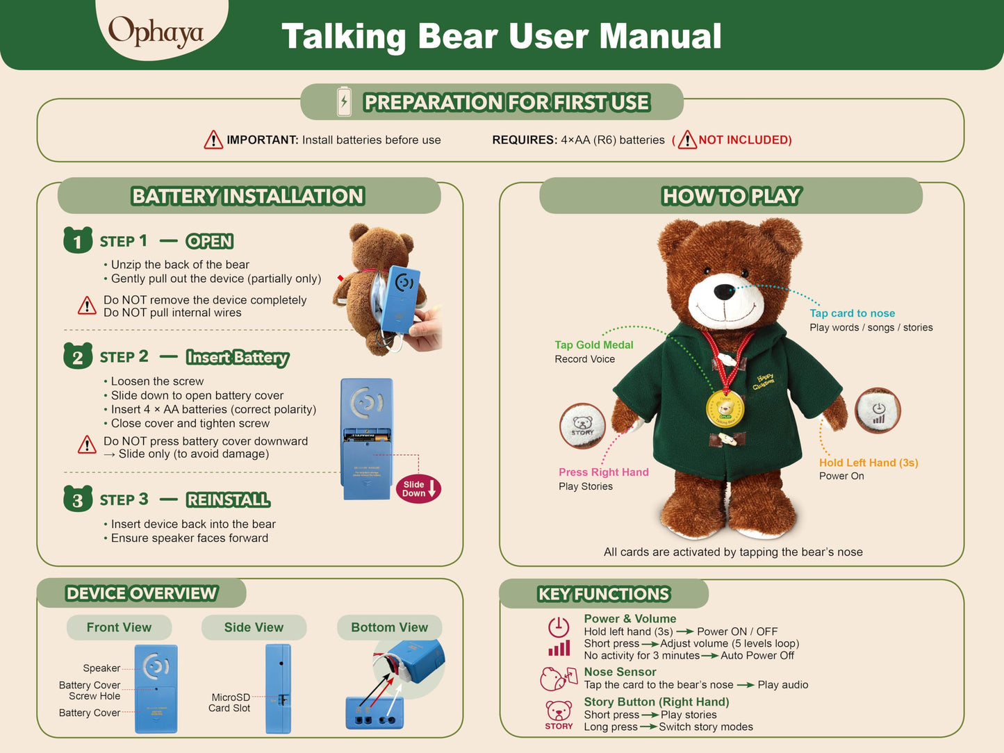 OPHAYA 20'' Techer Bear Talking Teddy Bear Stuffed Animal Plush Interactive Toy, Card-Activated 4 - Language Early Montessori Word Learning, Singing Storytelling Bear Toy for Kids