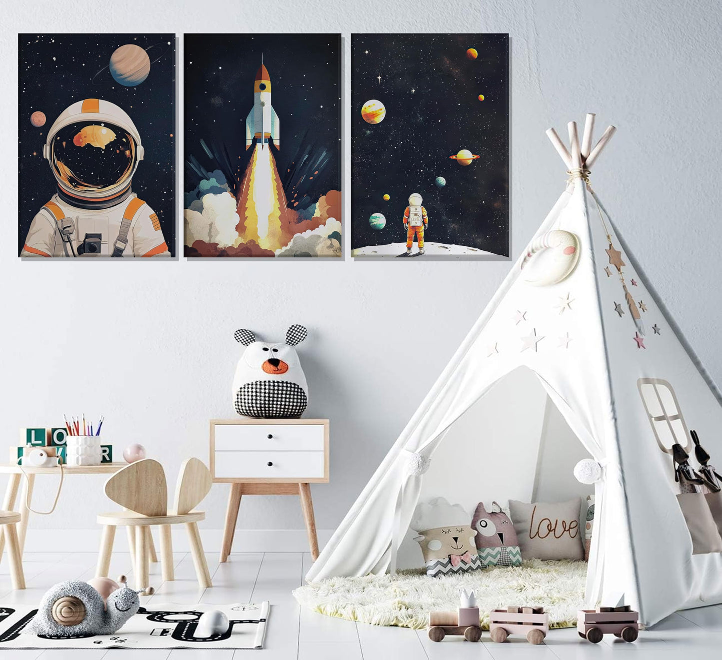 3Pcs Space Astronaut Canvas Wall art Cute Astronaut Nursery Galaxy Posters Modern Space Themed Print Rocket Pictures Toddler Boy Room Wall Decor for Adventure Kids Bedroom Nursery Room Framed