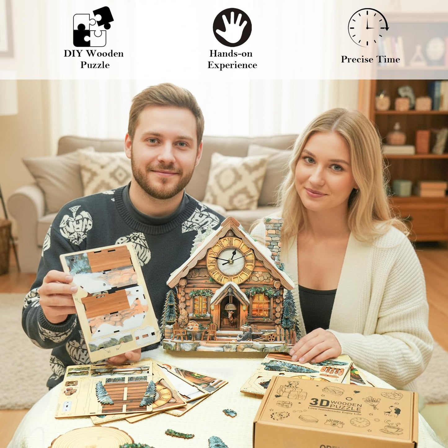 Rnfinewow 3D Wooden Puzzles for Adults, 3D Puzzle Swiss Snow House Clock Kit (with Pendulum), 3D Puzzles for Adults Home Decor DIY Clock Puzzle Gifts for Women Men