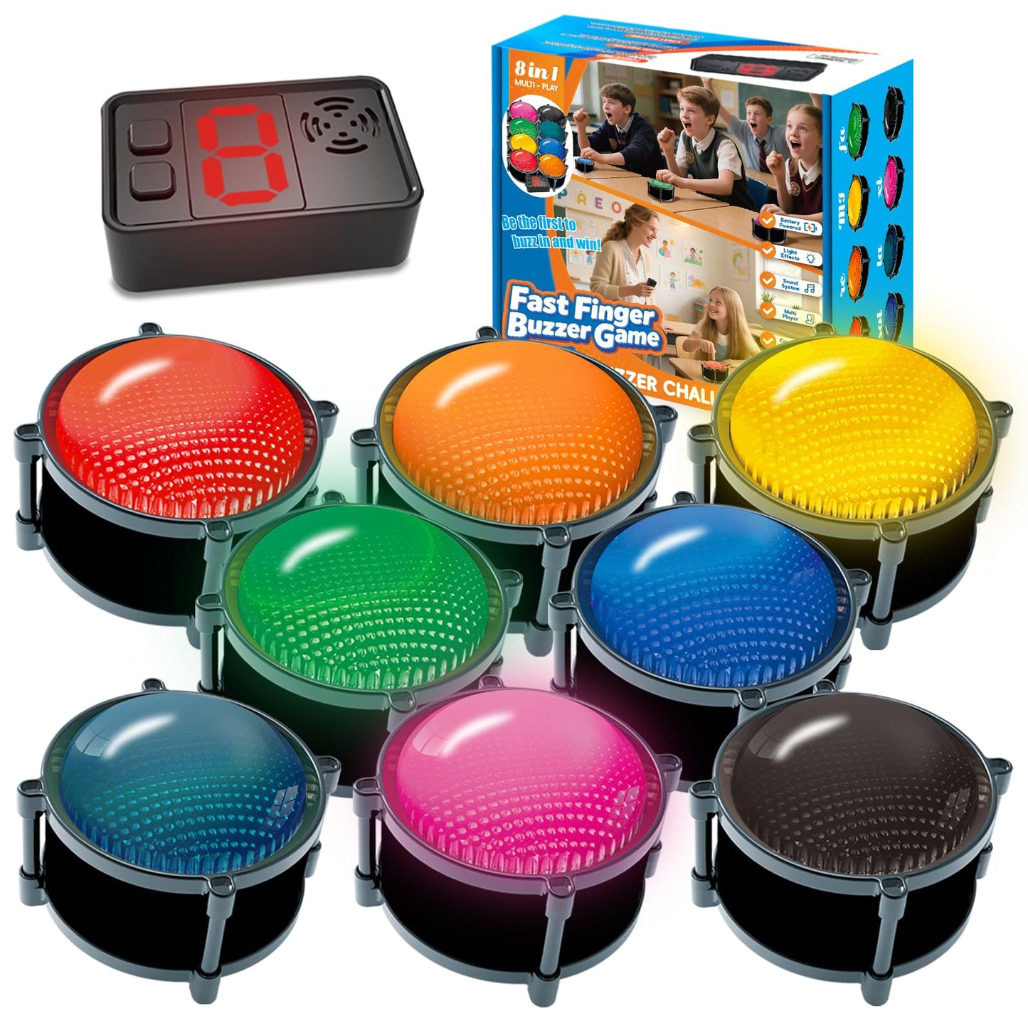 50m Answer Classroom Buzzers Light Up Game Buzzer System, Displays The Winning Player Loud, Console Displays First Buzz, Rechargeable Buzzers Great for Trivia Games, Family Feud, Jeopardy (8)