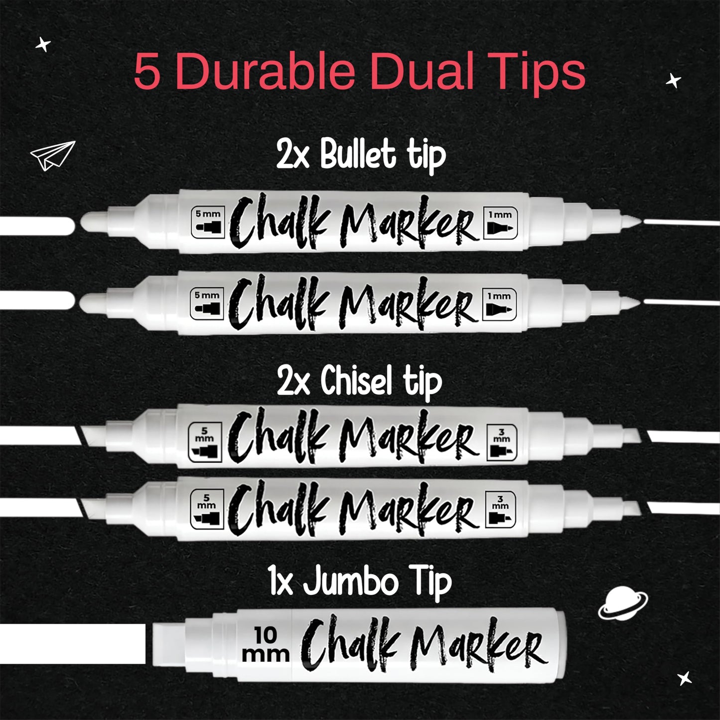 Chalkola 5 White Chalk Markers - Dual tip, Chisel & Bullet Tip (1mm, 3mm, 5mm), Wide Tip (10mm) | Erasable Liquid Chalk Pens for Blackboard, Chalkboard Signs, Car Window, Bistro, Glass