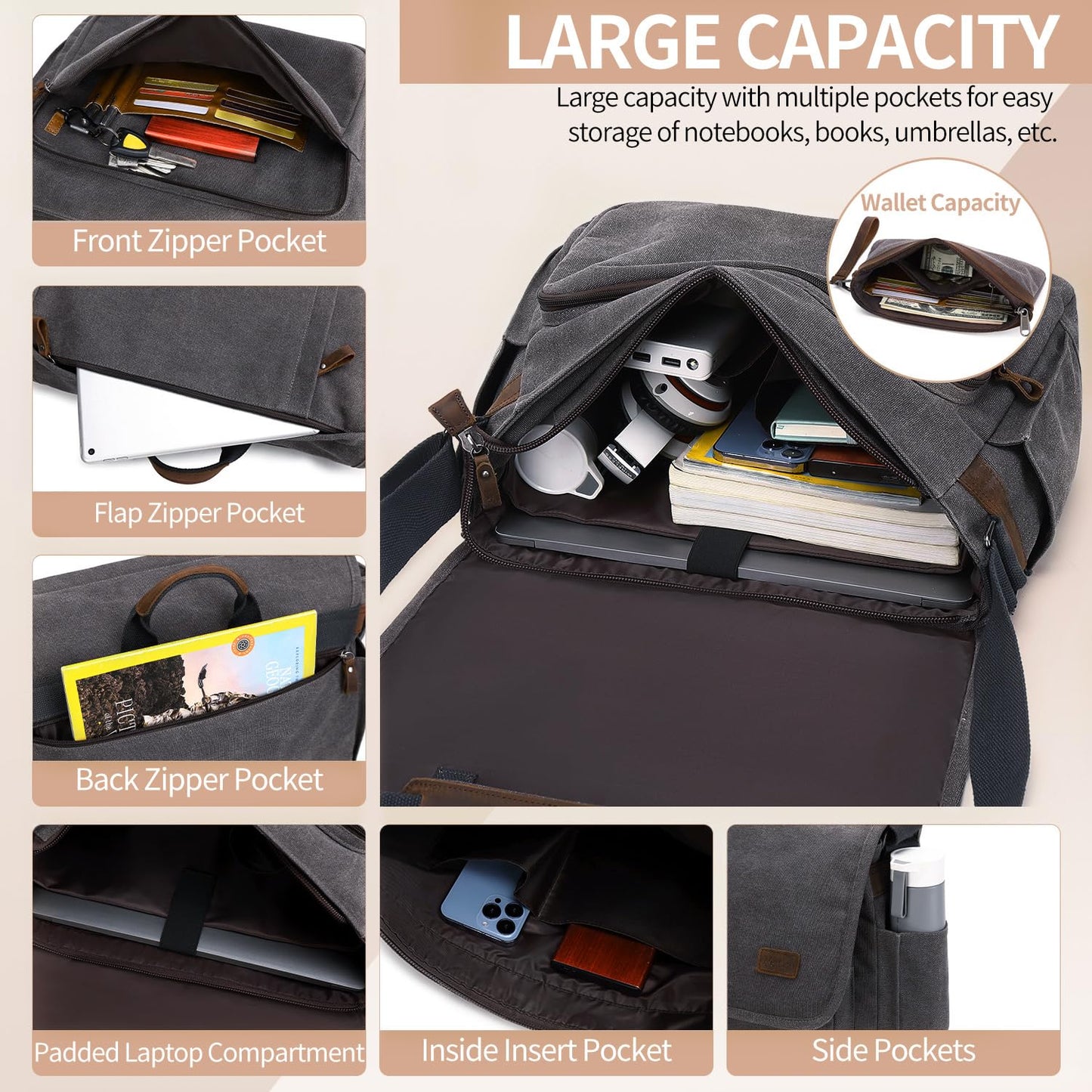 Nerlion Messenger Bag for Men 17-17.3 Inch Laptop Bag Canvas Water-resistant Computer Bag Shoulder Bag Work Briefcase Bookbag for College (Gray)