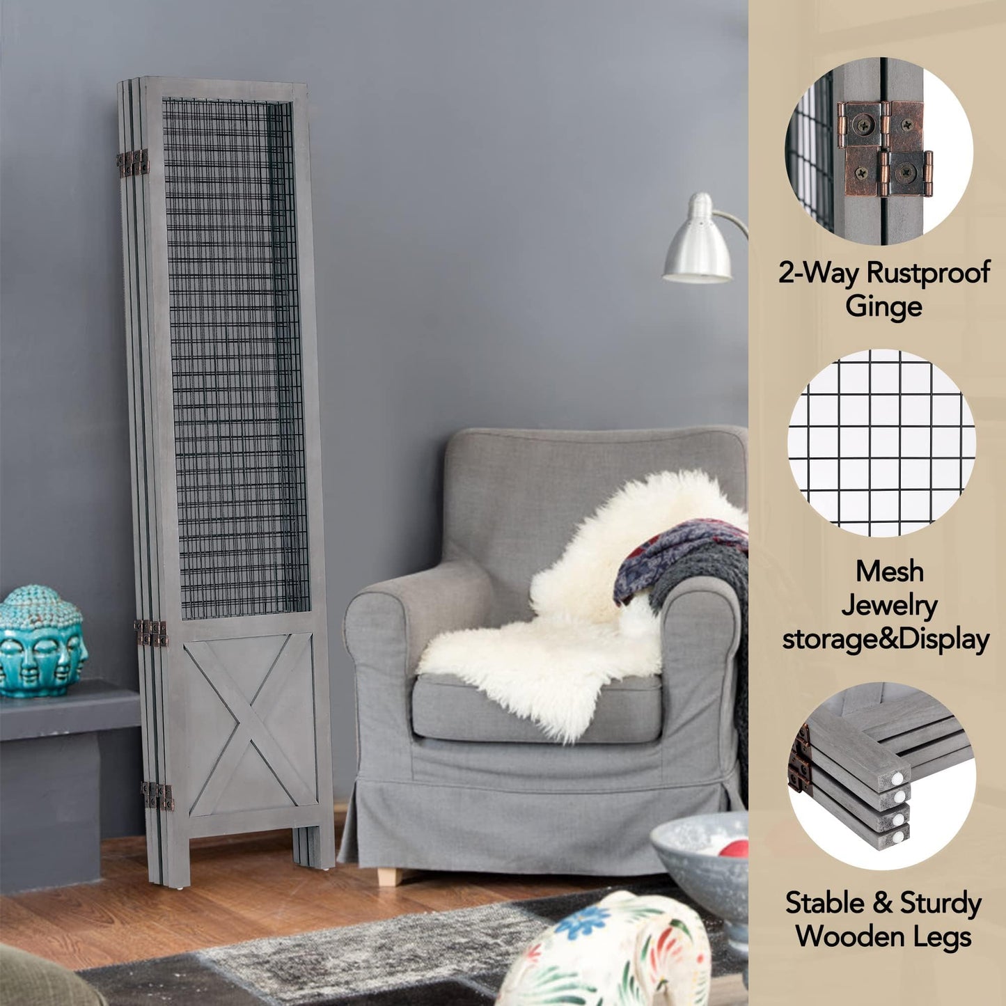 Wnutrees 4 Panel Gridwall Display, Portable Freestanding Display Board for Craft/Art Shows, Retail, Events, Decorative Wood Room Divider Folding Screens, Grey