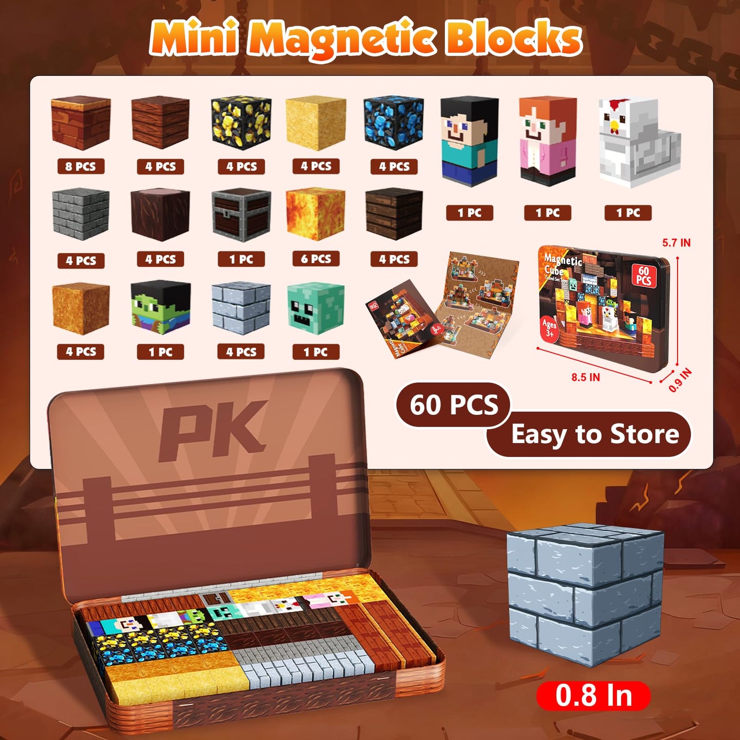 Mini Magnetic Blocks with Magnet Box - 60PCS Magnetic Building Blocks for Kids Ages 4-8, Magnet Block Travel Toys, Magnetic Cubes STEM Stacking Toy, Easter Birthday Gifts for Boys & Girls 3 4 5 6+