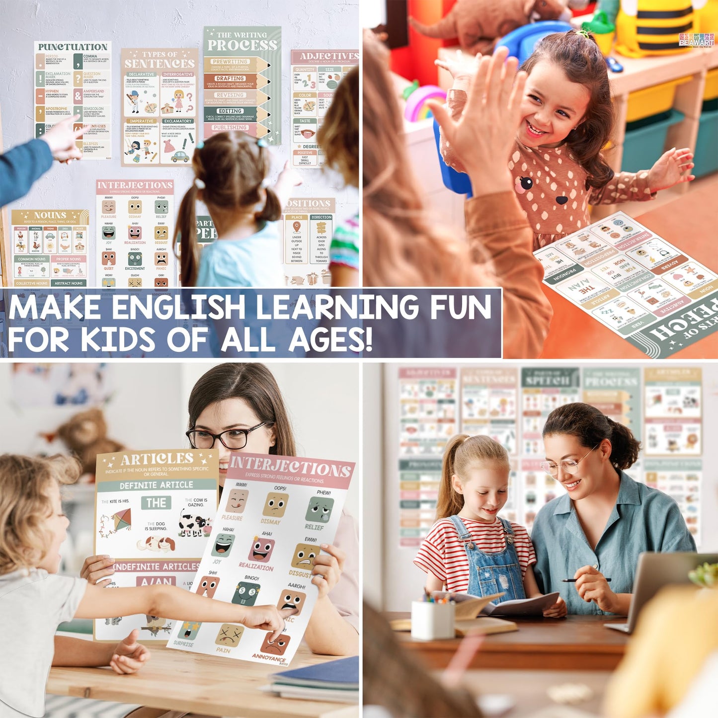15 Pcs Boho Parts Of Speech Posters For Classroom (11"x17") English Grammar Classroom Posters, ELA For Middle School, English Wall Art, Nouns, Pronouns, Writing Process, Type of Sentences - UNFRAMED