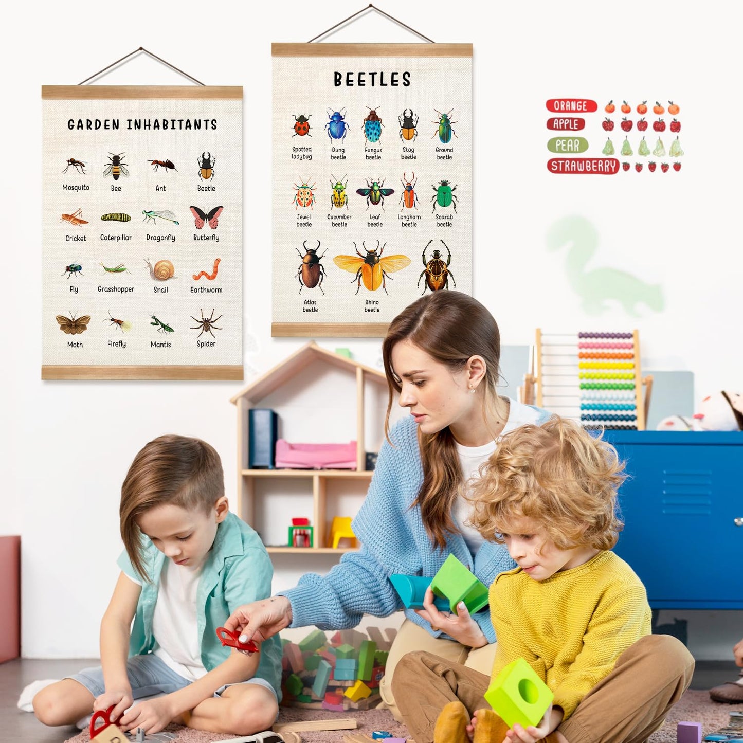 ZTGDA Insect Posters Garden Inhabitants&Beetles Linen Canvas Wall Art with Wooden Frame, Montessori Nature Posters for Classroom Playroom or Homeschool Decor(Set of 2 Insect)
