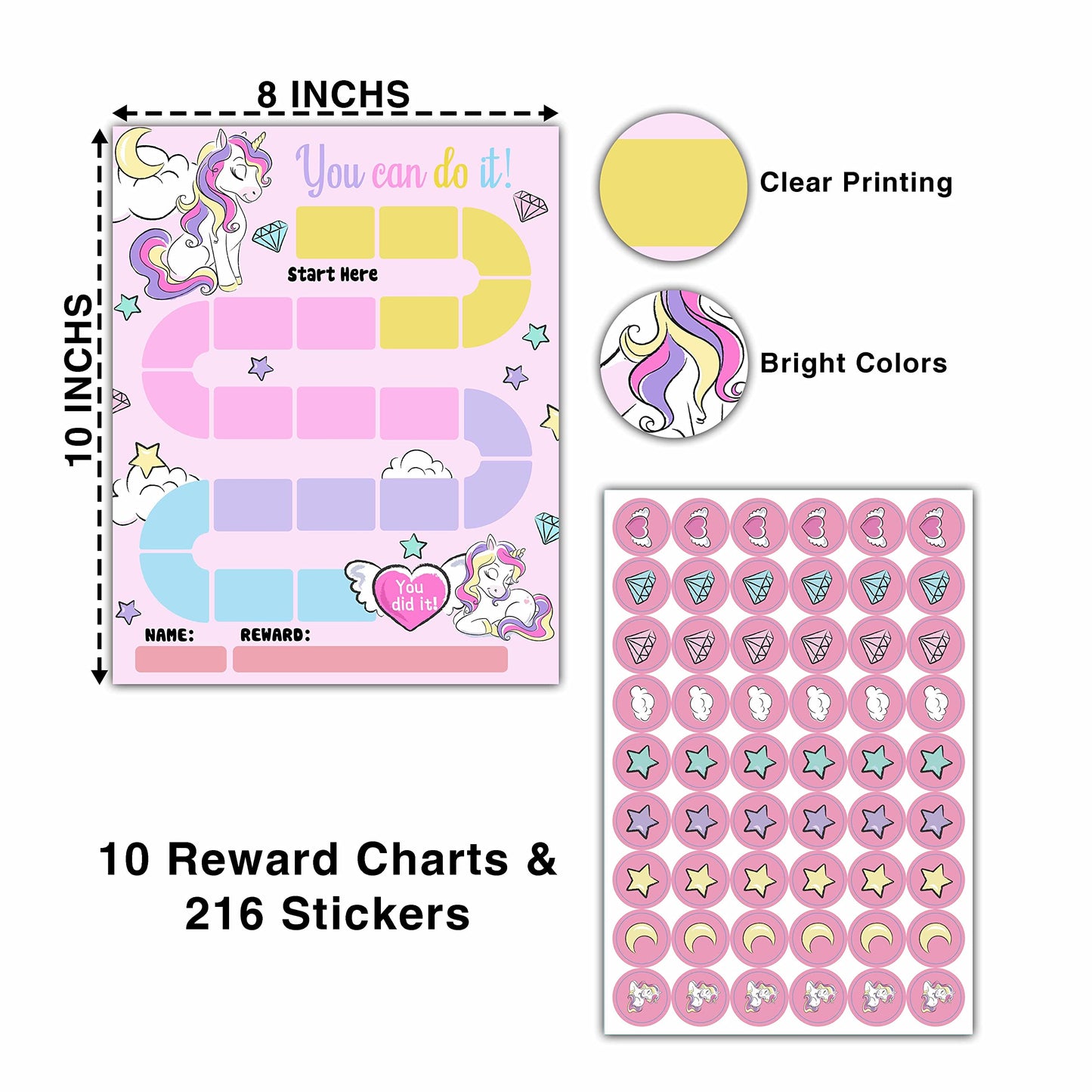 10 Unicorn Reward Chart with 216 Round Stickers, Incentive Behavior Chart for Kids at Home Classroom, Kids Routine Daily Chore Sticker Chart-A21