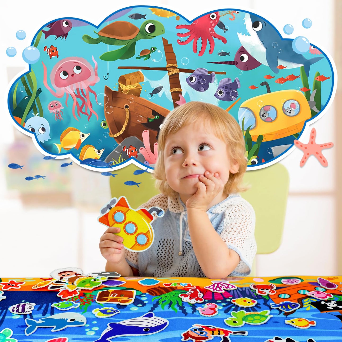 Taika 70 Pcs Ocean Felt Story Board Set, 43x28 inch Interactive Felt Story, Fuzzy Flannel Board, Preschool Storytelling, Classroom Educational Learning Play Kit, Interactive Teaching Kit