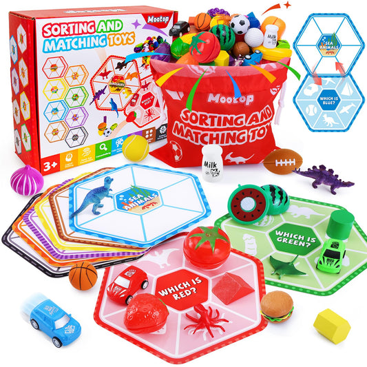 Sorting Toys for Toddlers, 48 Toys Sorting Matching Playset Sensory Toys for Kids, Match Card Sort Game Set with Storage Bag, Multiple Theme Box Preschool Educational Learning Fine Motor Skills Games