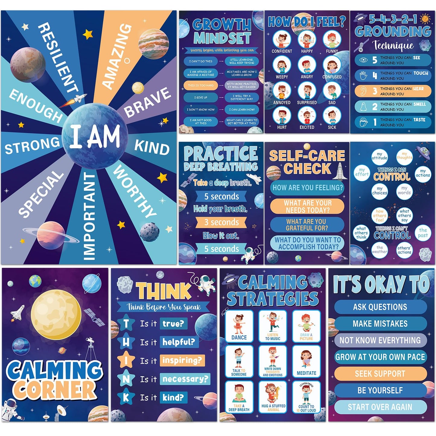 12Pcs Calming Corner Posters for Classroom Space Emotions Feeling Poster for Kids Inspirational Back to School Wall Decor Solar System Mental Health Posters for School Office Home Teacher Supplies