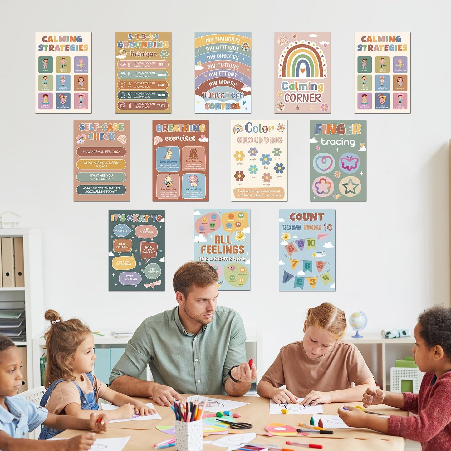 12Pcs Calming Corner Posters for Classroom Calm Down Boho Emotions Feeling Poster for Kids Inspirational Back to School Wall Decor Motivational Mental Health Posters for Office Home Teacher Supplies