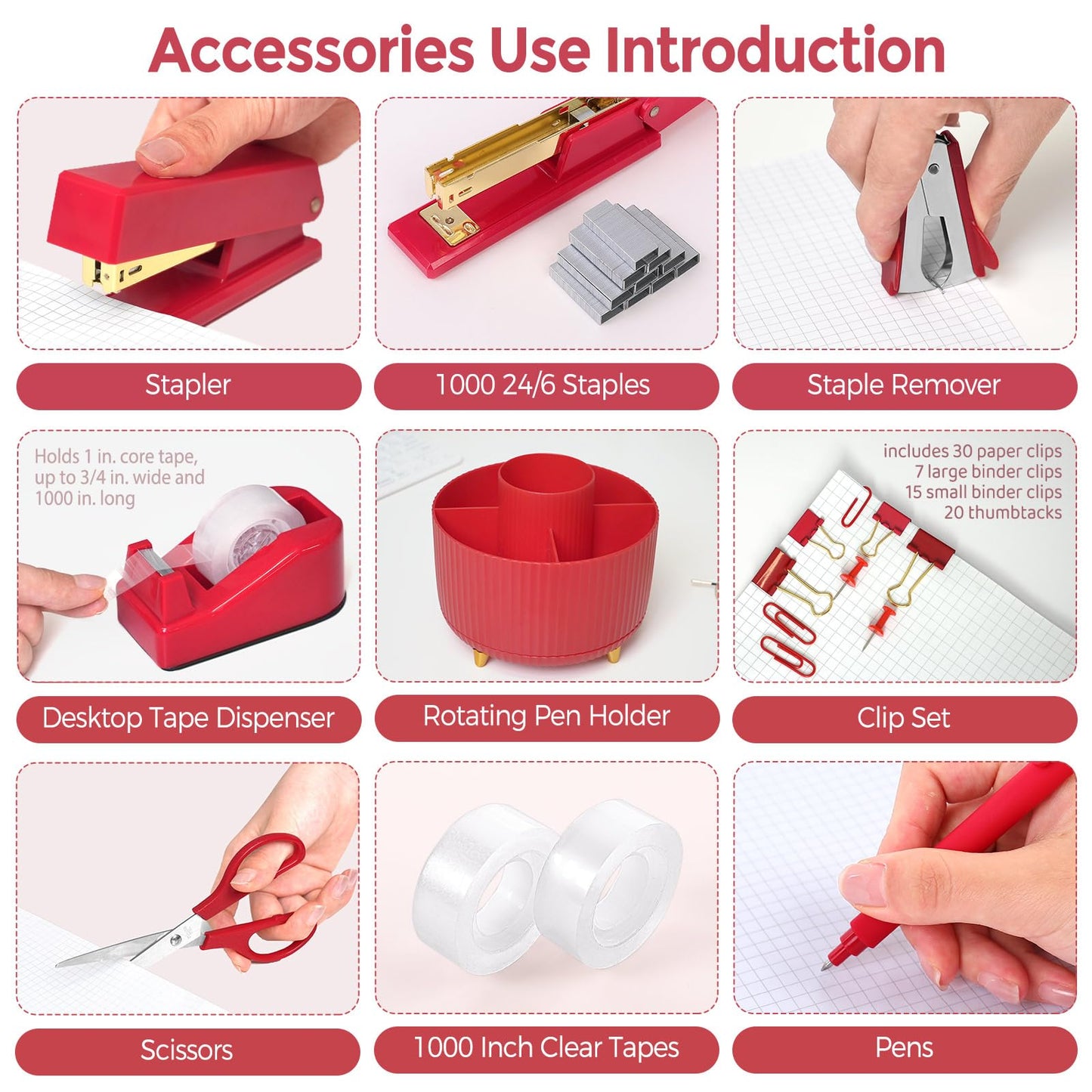 SKYDUE Red Office Supplies Set, Pencil Holder for Desk, Stapler, Tape Dispenser, Scissors,Clips and 1000pcs Staples, Office Decor for Women, Red Desk Accessories