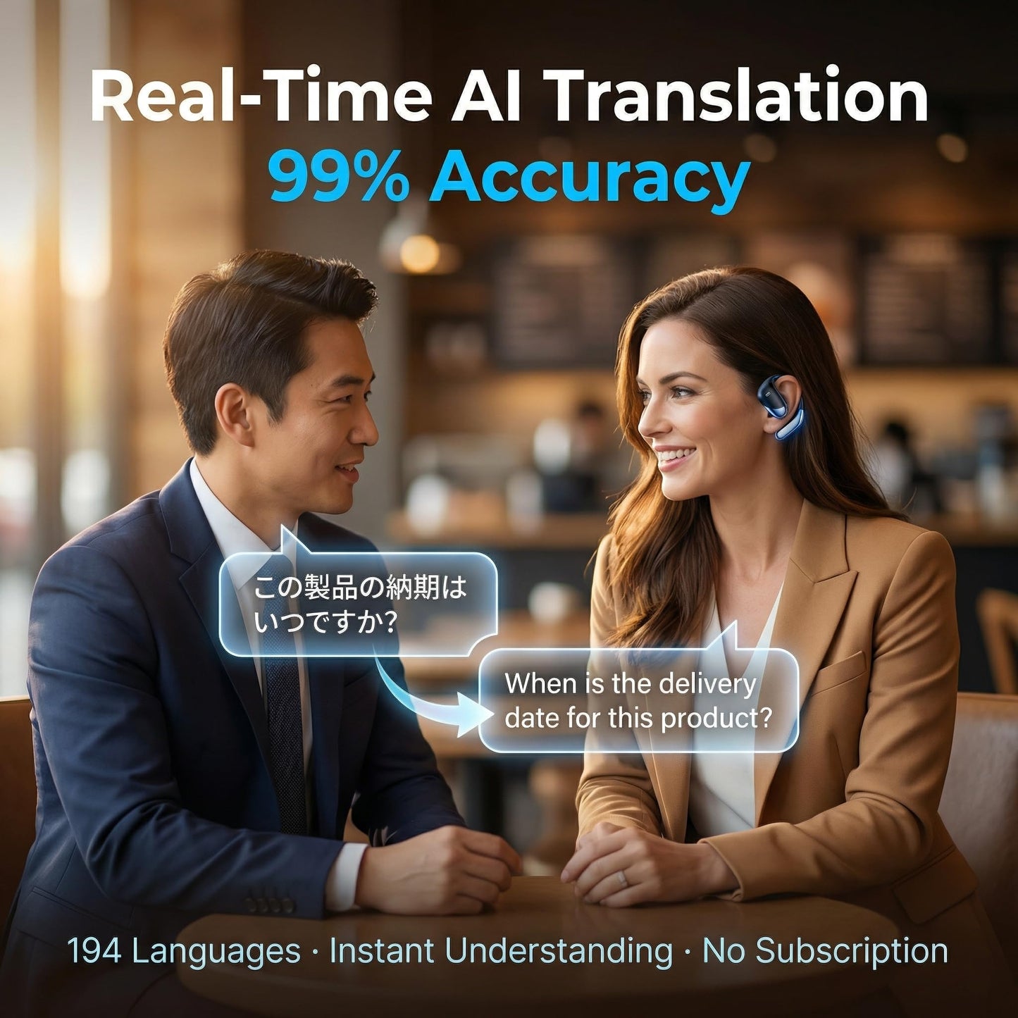 AI Translation Earbuds Real Time – 194 Languages Translator Earbuds, No Subscription, 60H Battery Open Ear Bluetooth 5.4 Headphones, Audifonos Traductores Inglés Español for Travel Business Learning
