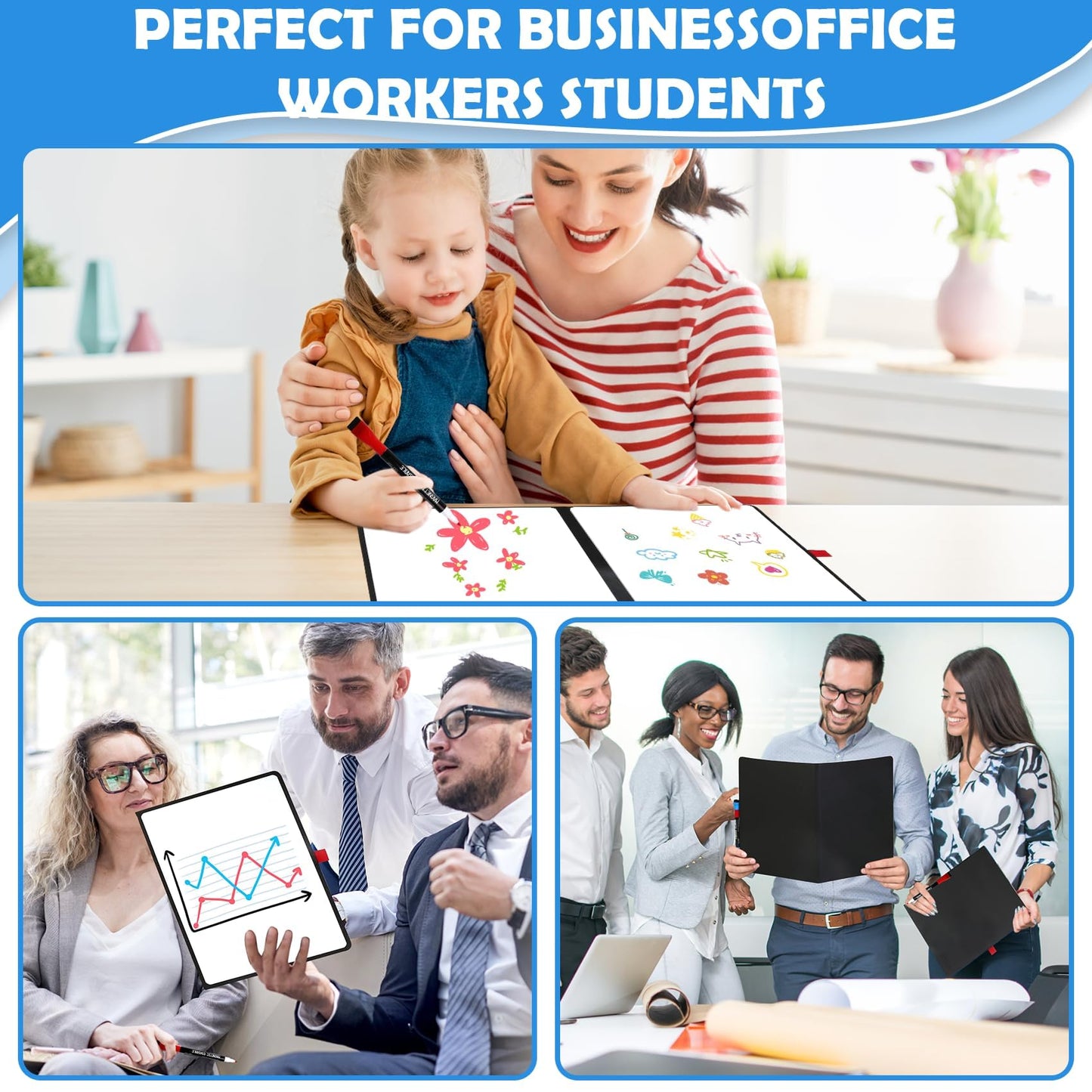 iNenya Double-Sided White Board 12x9 inch - Ultra-Thin 0.3" Portable Dry Erase Board with 3 Markers & Anti-Ghosting Surface | Magnetic-Ready | Foldable for Office, School, Travel, Homeschool (Black)