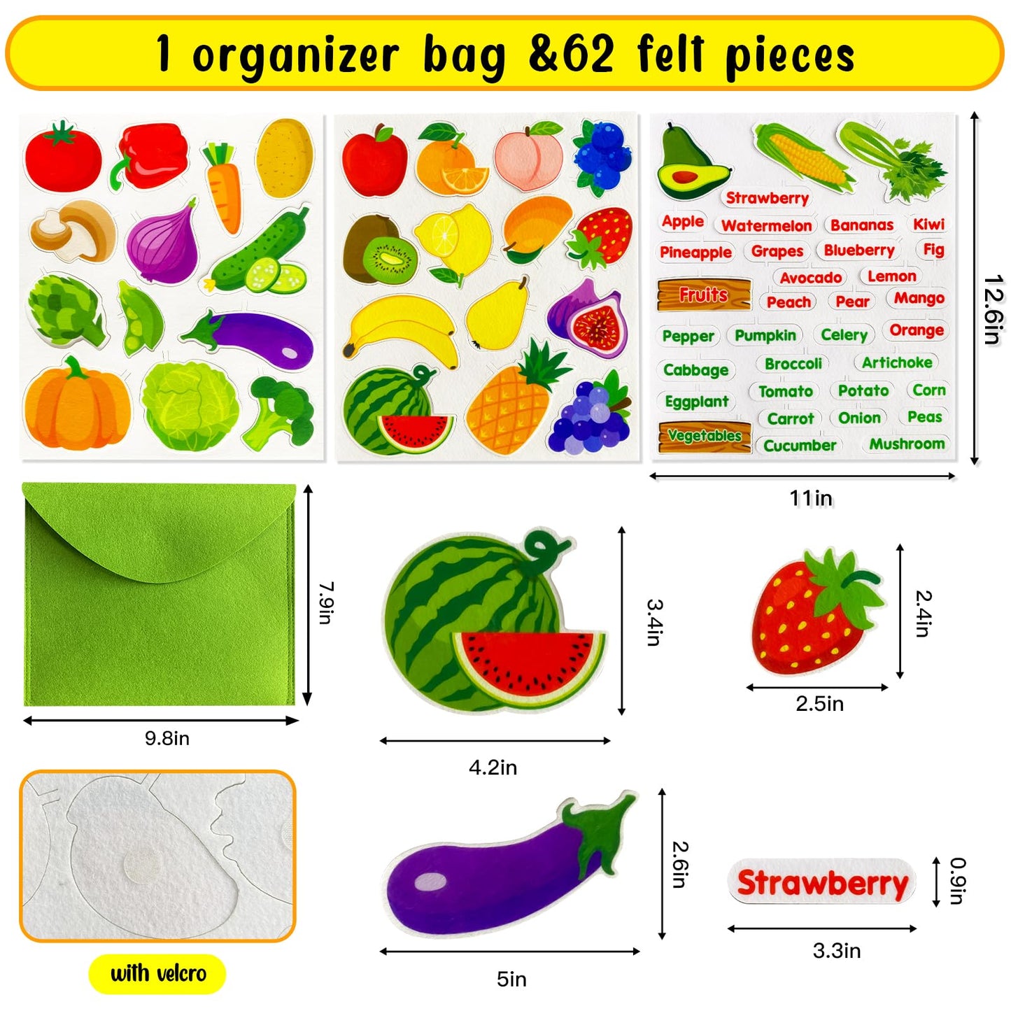 PENGFULL Felt Fruits and Vegetables Learning Pieces,62 Felt Flannel Board Pieces,Learn Common Fruits and Vegetables and Words for Kindergarten,Preschool,Toddlers