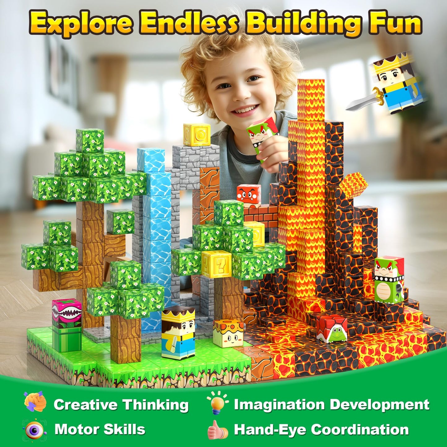 100PCS Magnetic Blocks Magnetic Building Blocks Sensory Toys for Kids Ages 3-5 6-8 8-12 Kids Game Toys for 3+ Year Old Boys & Girls, Mine Magnet World Craft 3 4 5 6 7 8 9 Year Old Boy Birthday Gift