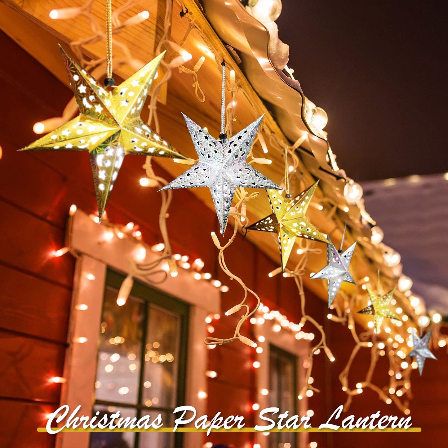 Zhanmai 10 Pcs 3D Paper Star Lanterns with 20 LED Lights, Gold & Silver Hanging Decoration for Christmas and Independence Day
