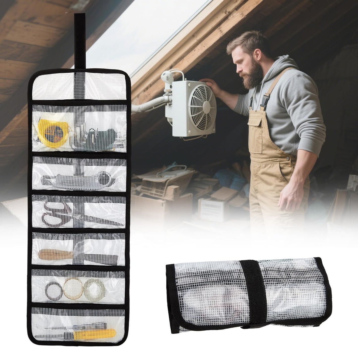 Small Roll Up Storage Bag, 6 Pockets Roll Up Tool Kit, Suitable for Mechanics, Kitchen Storage, Art Sketching, Travelling, Potter's Tools, Office Objects, Transparent and Visible, Space-Saving 2 Pack