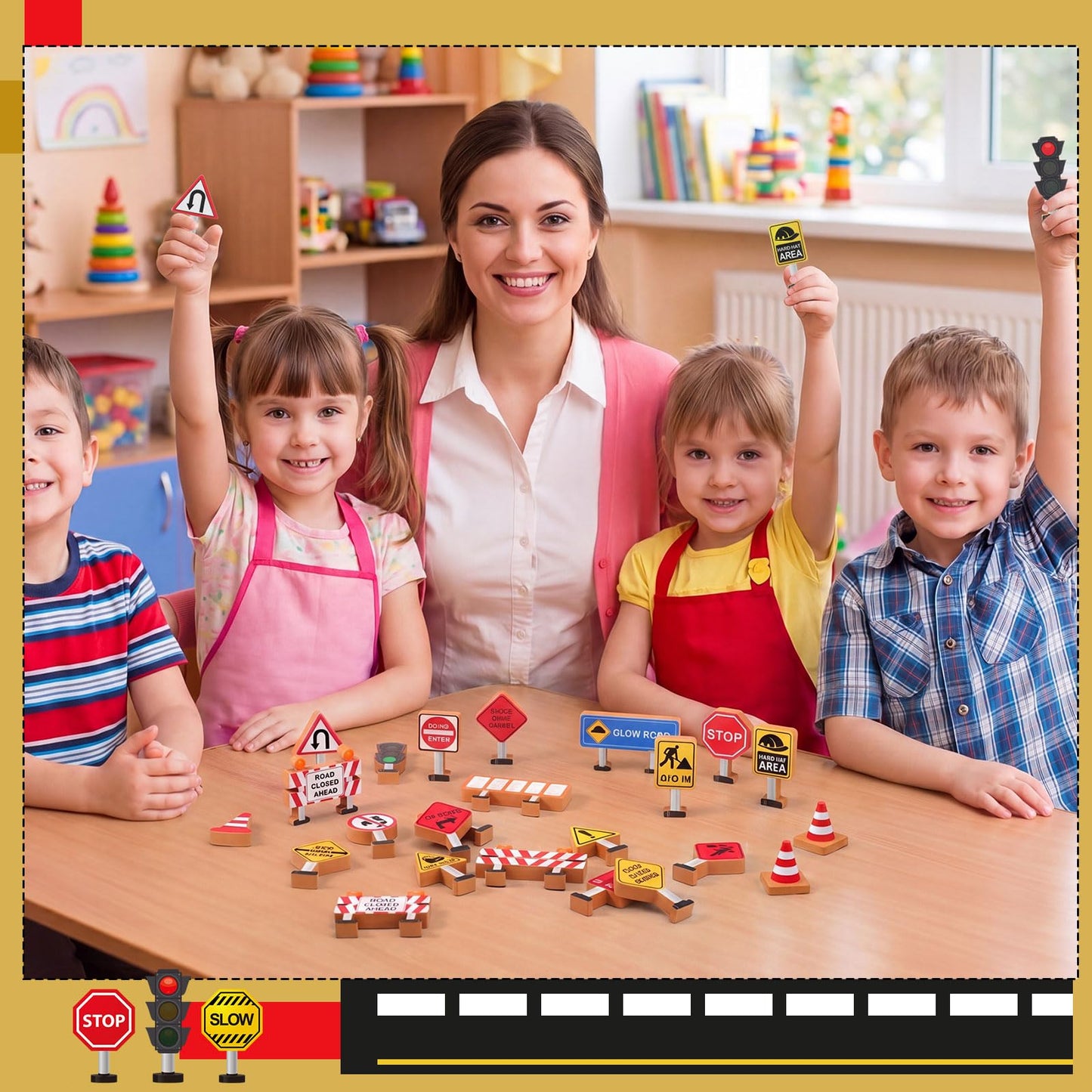 Blosssound Wooden Toys Set for Preschool Classroom - Multicultural Career People Blocks Educational Wooden Play for Kids Learning Toys Play Games Activity Supplies(26 Pcs,Construction Signals)