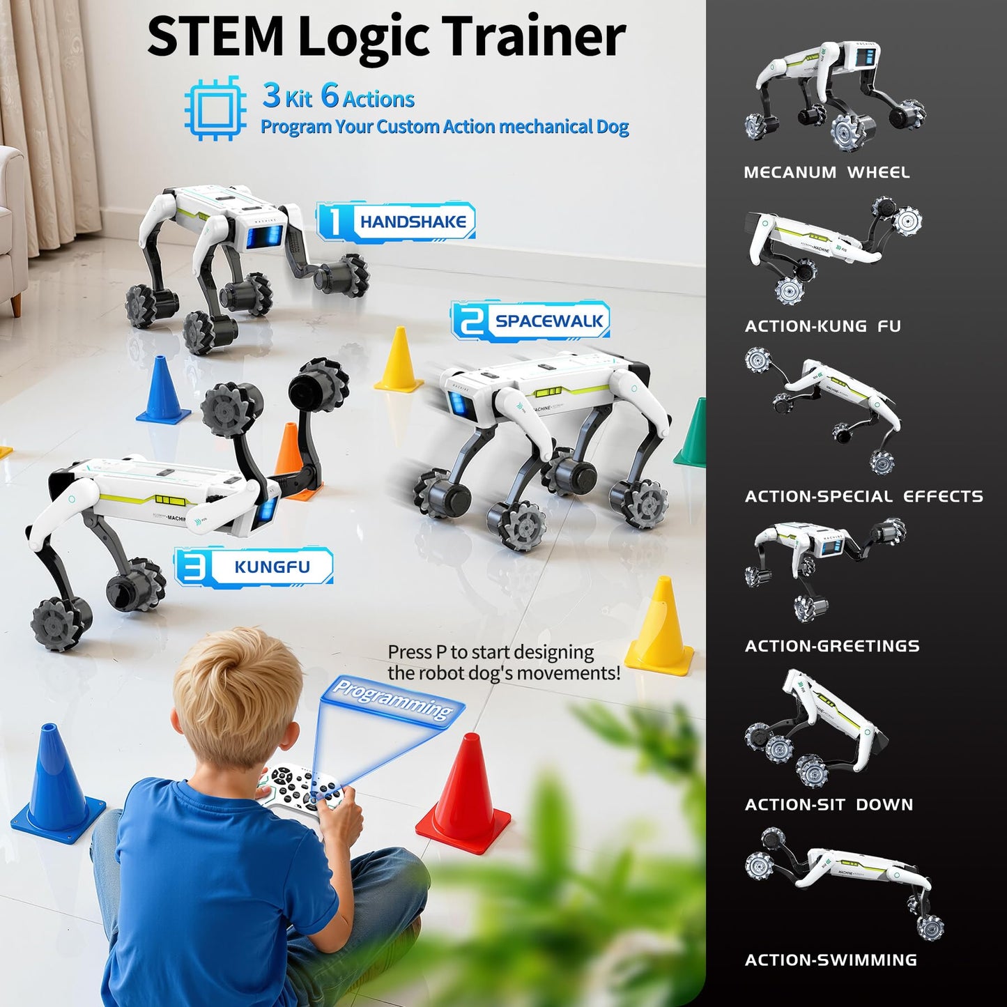 EVADA 3 in 1 Robot Dog with Wheels Kit, 30+ Bionic Actions, Voice & Remote Control, Programmable Moves, Rechargeable Battery, All-Terrain Stunt Pet Toy for Kids (Removable Claw & Cannon)