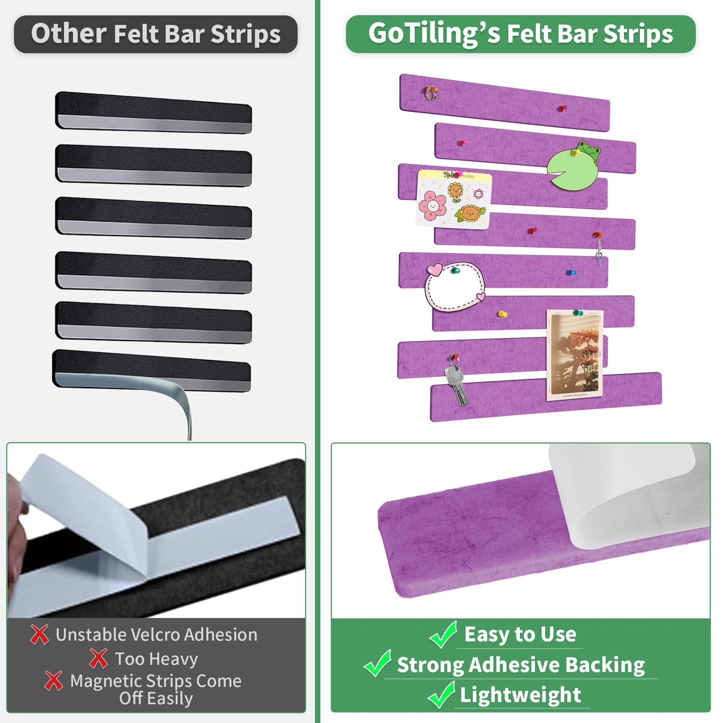 GoTiling Cork Board for Walls - 8 Pack Felt Pin Board Bar Strips - Self-Adhesive Lightweight Bulletin Board - Cork Board for Office with 40 Push Pins No Damage for Wall (Rose)