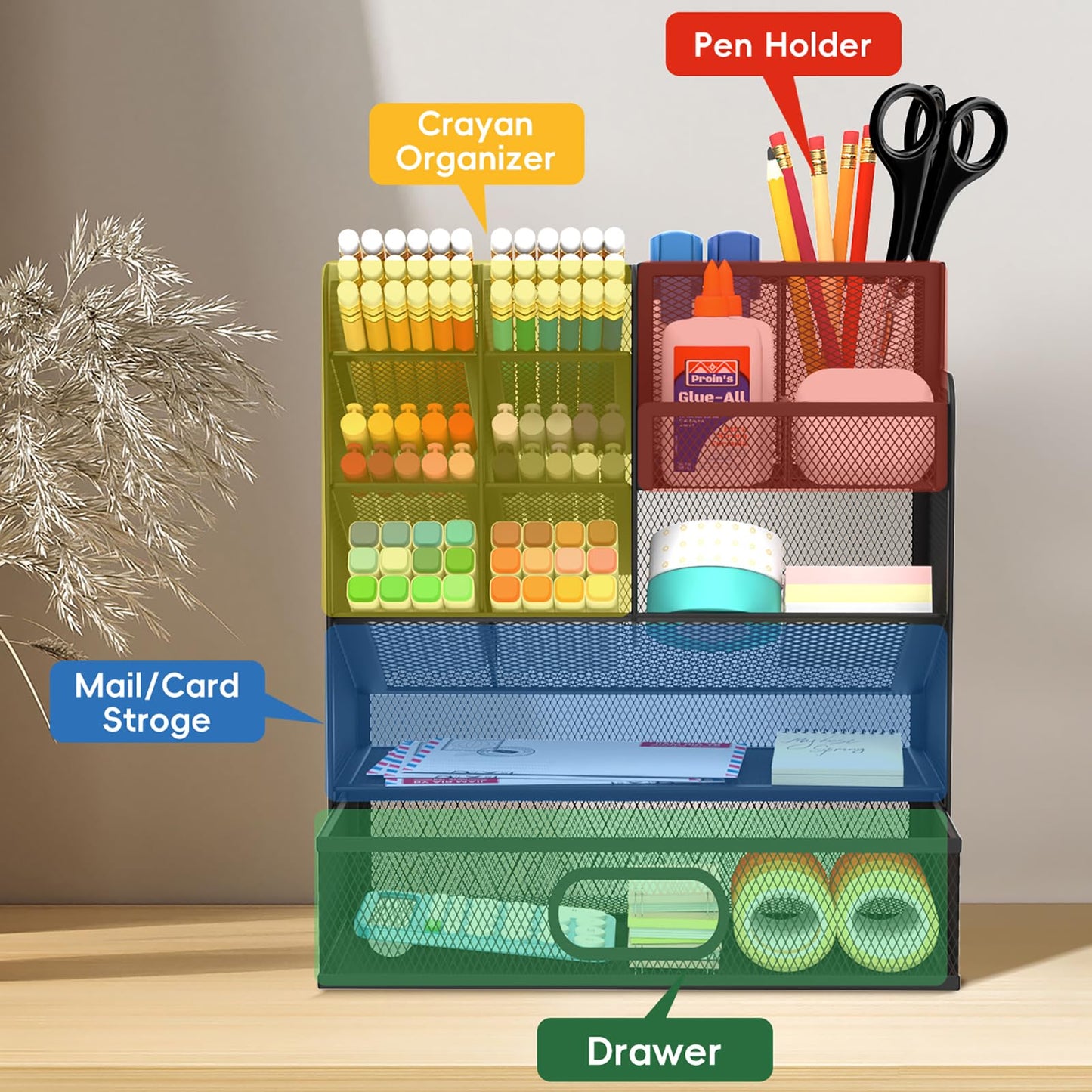 ReePlan Pen Organizer for Desk - Multi-Functional Pencil Holder with Drawer Desk Organizers, Large Capacity Storage for School Office Home Supplies (Black)